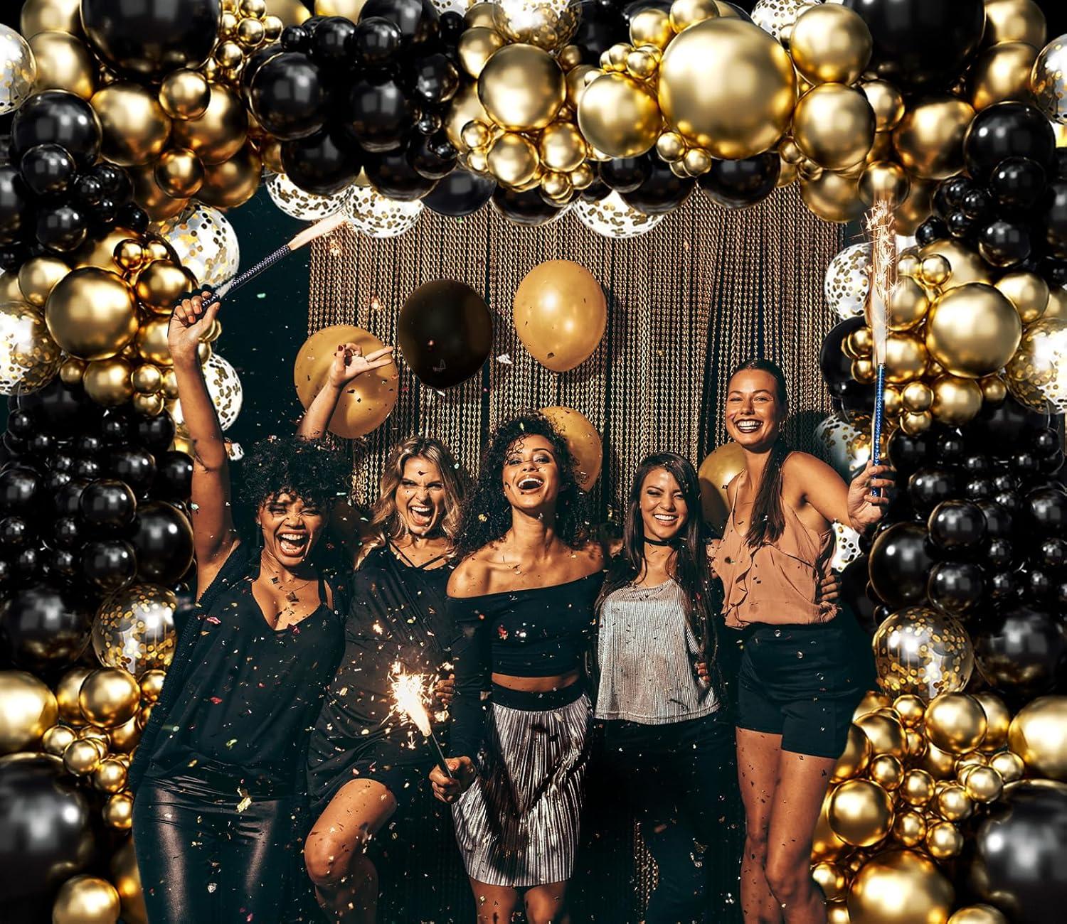 133pcs Black and Gold Balloons Garland Arch Kit with Metallic Gold Confetti Balloons, 5 10 12 18 Inch Black Gold Latex Balloons for Graduation Birthday Wedding Party Decorations