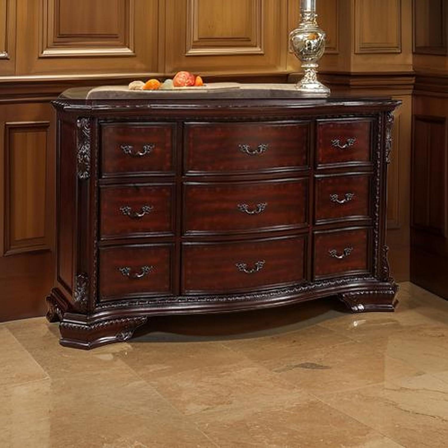 Transitional Cherry Brown 64" Dresser with Tufted Faux Leather & Drawers