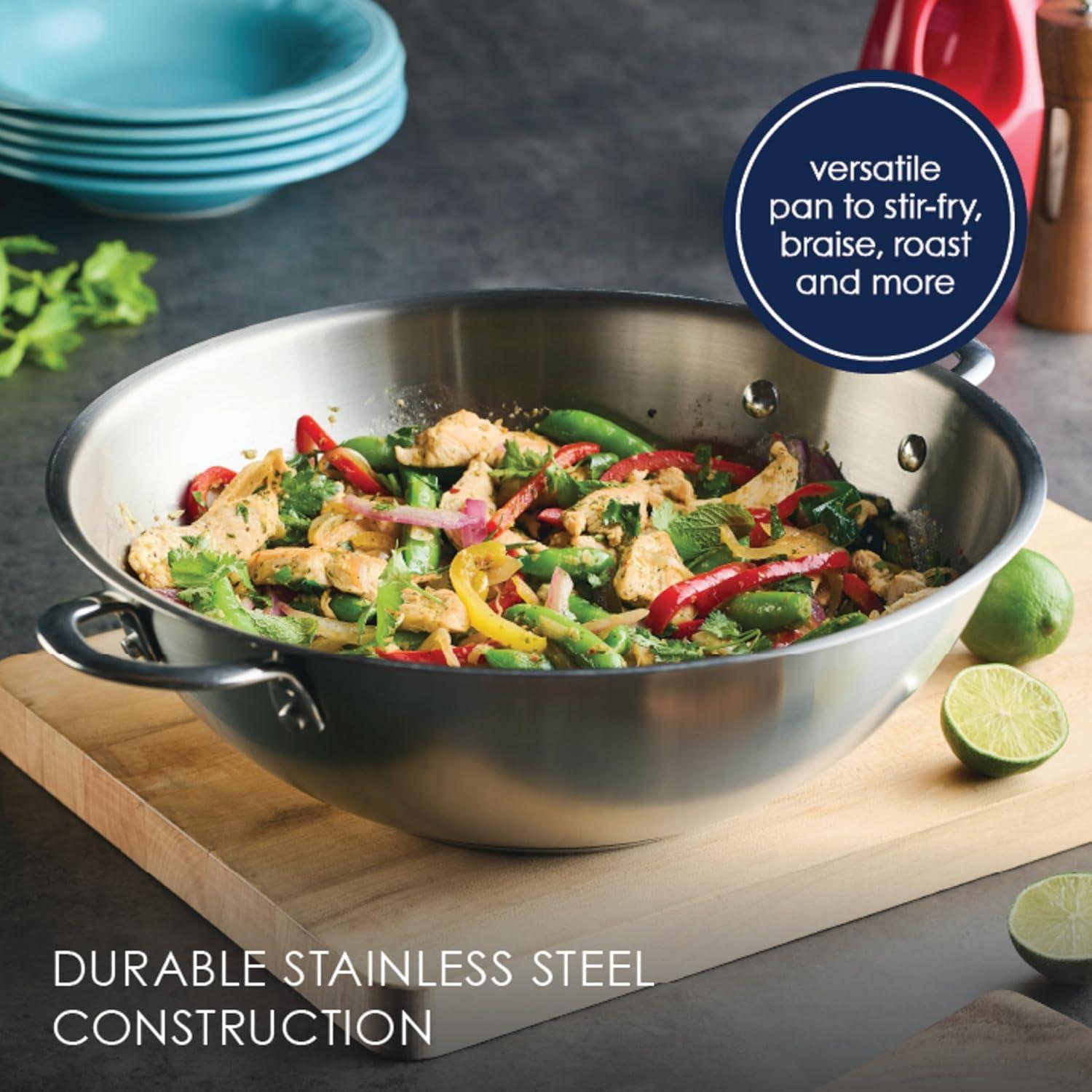 Rachael Ray Professional Stainless Steel Wok/Stir-Fry Pan, Compatible with All Cooktops, Induction Ready, Dishwasher and Metal Utensil Safe, 14 Inch - Stainless Steel