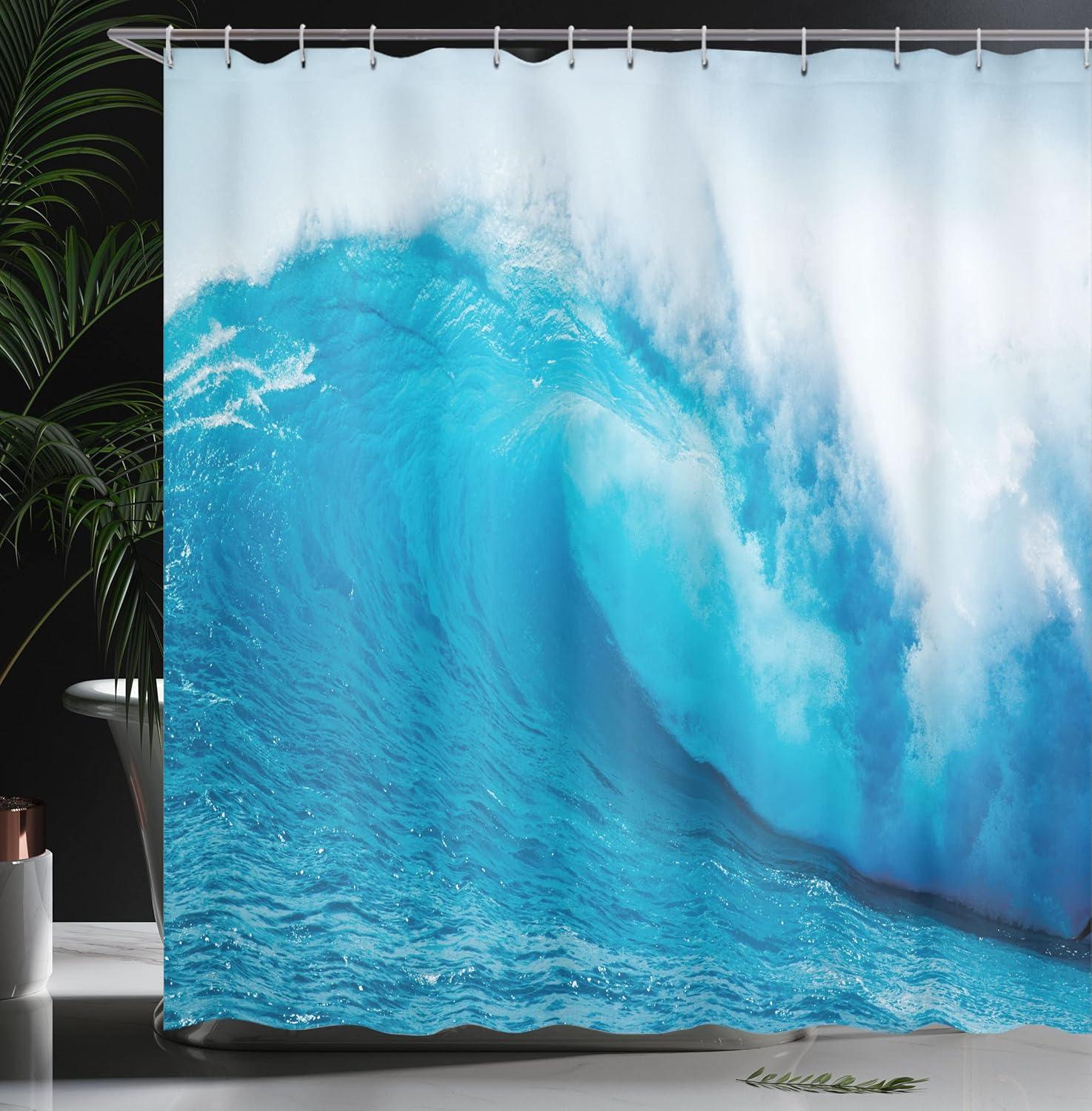 Aqua Blue Ocean Wave Fabric Shower Curtain Set