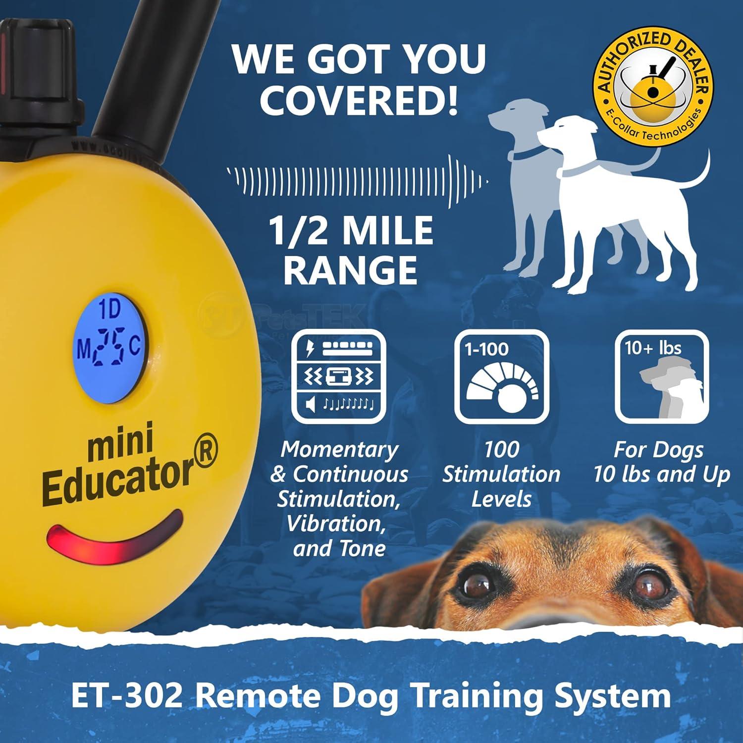 E-Collar ET-300 Mini Educator Dog Training Collar Bundle + PetsTEK Dog Clicker – 1/2 Mile Range, Waterproof, 100 Levels with Vibration & Tone