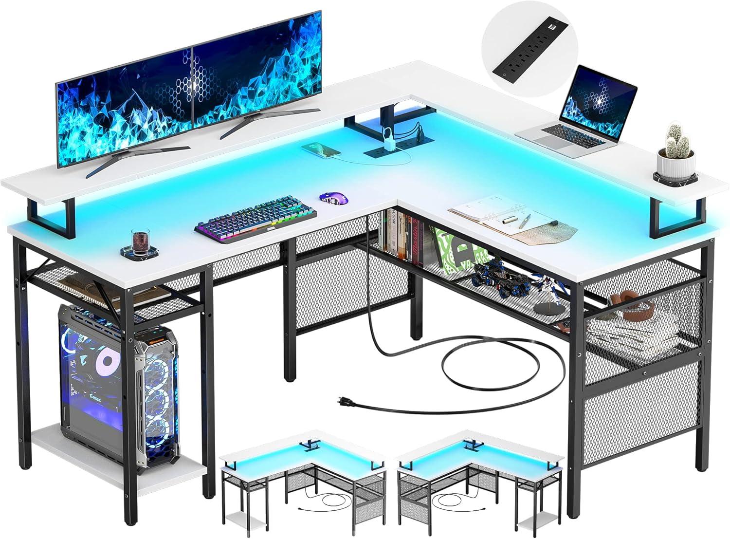 Unikito Reversible L Shaped Desk with Power Outlets and RGB LED Light, Sturdy Computer Desk with Ergonomic Monitor Stand and Storage Shelves, Corner Desk for Home Office, Easy Assembly, Black Oak