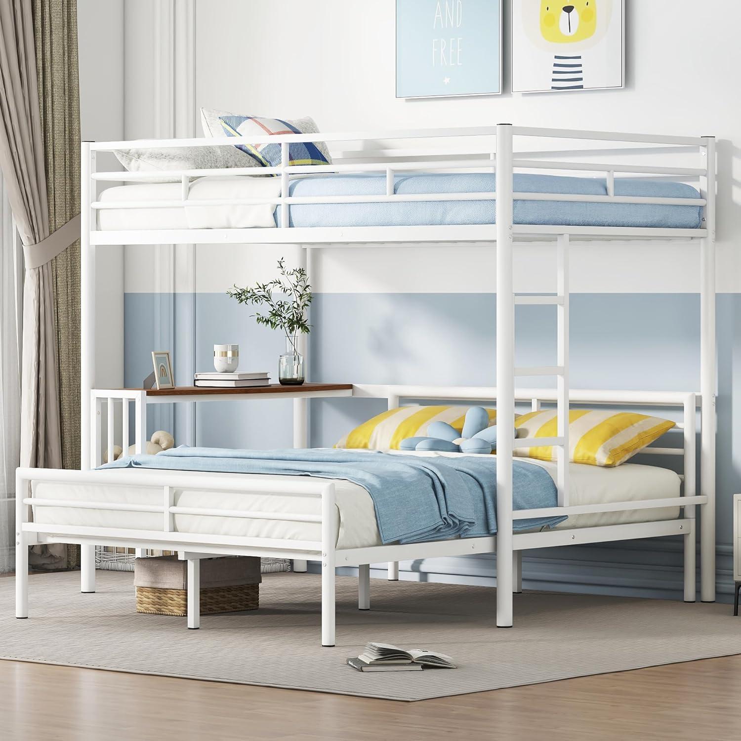 White Metal Twin Over Full Bunk Bed with Desk and Storage