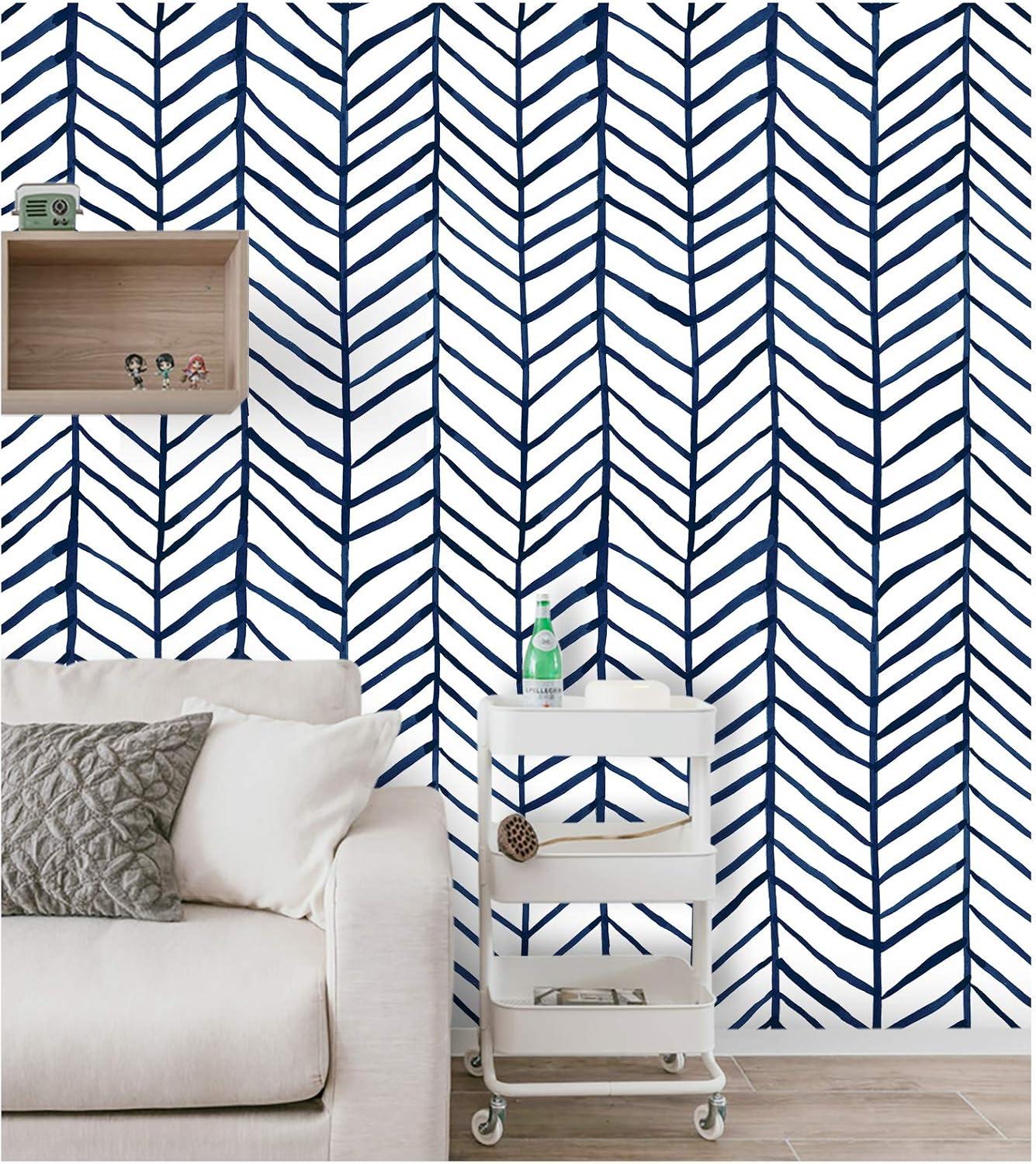 HAOKHOME Blue Wallpaper Navy Peel and Stick Wall Paper Modern Stripe for Bathroom Herringbone Removable Decoration 17.7in x 32.8ft