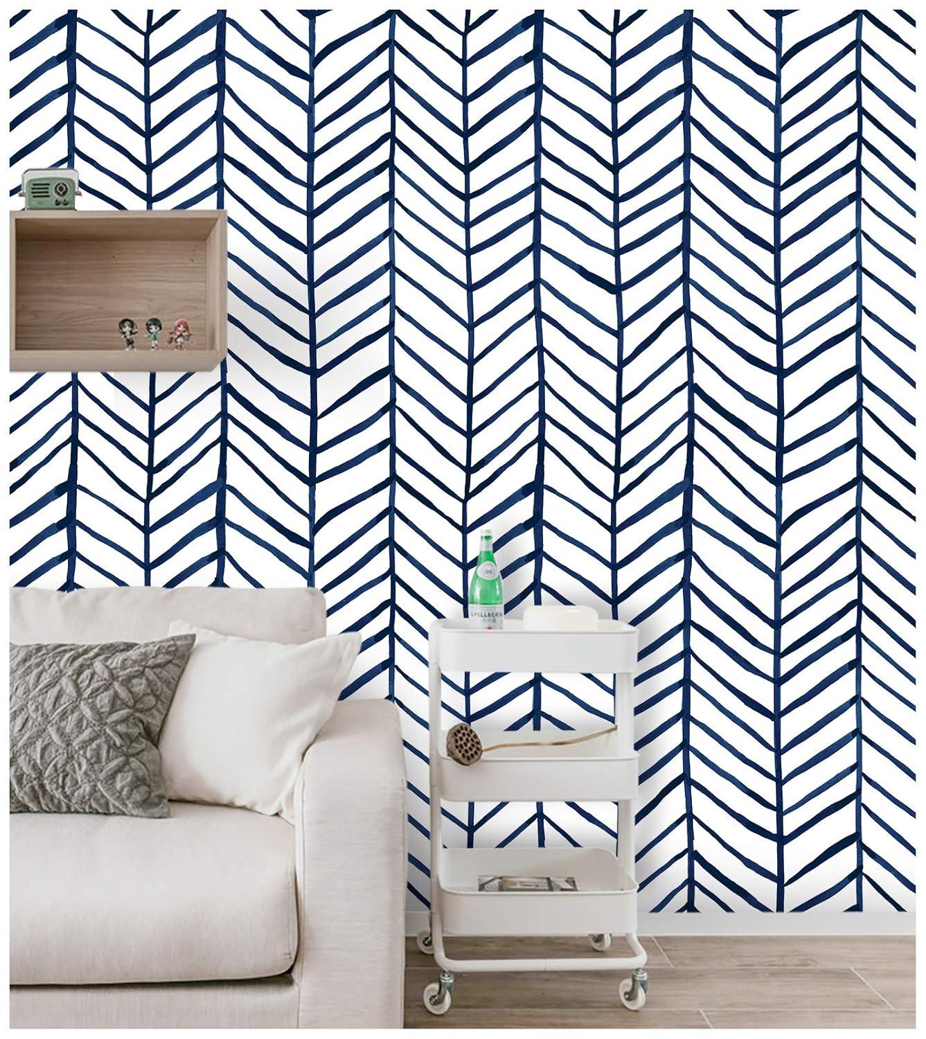 HAOKHOME Blue Wallpaper Navy Peel and Stick Wall Paper Modern Stripe for Bathroom Herringbone Removable Decoration 17.7in x 32.8ft