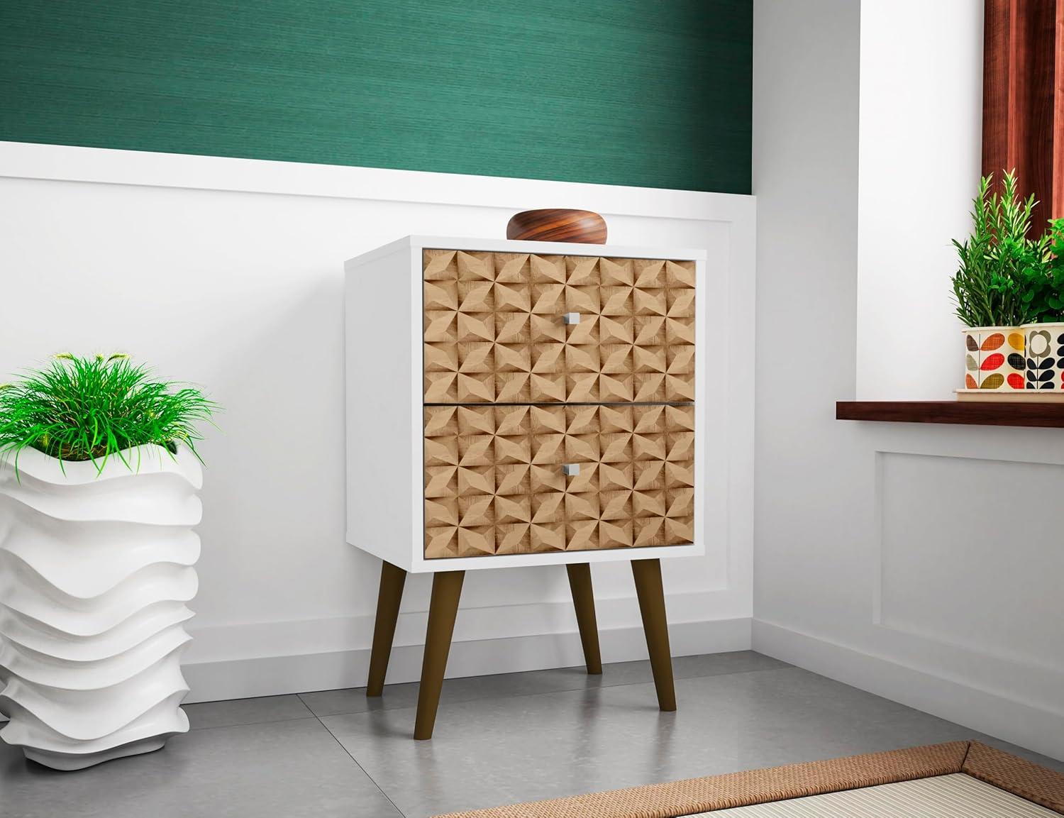 Liberty 2.0 Mid Century Modern Nightstand White/Walnut - Manhattan Comfort: Bedside Table with Storage