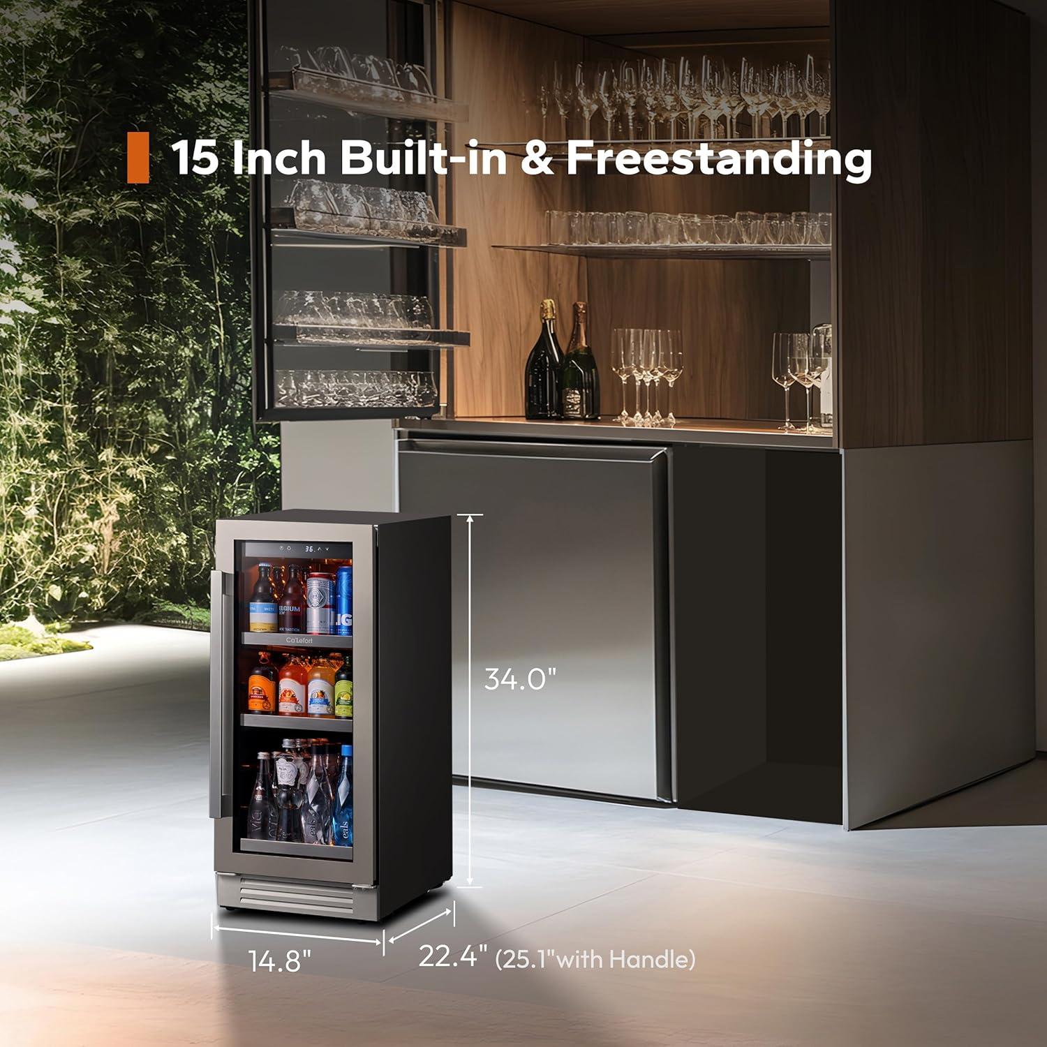 Ca'Lefort 15 Inch Beverage Refrigerator - 80 Can Small Beverage Fridge, Drink Fridge Glass Door 3 LED 34°F -54°F Beverage Cooler Built-in or Freestanding, Perfect for Home/Kitchen(3.0 cu.ft)