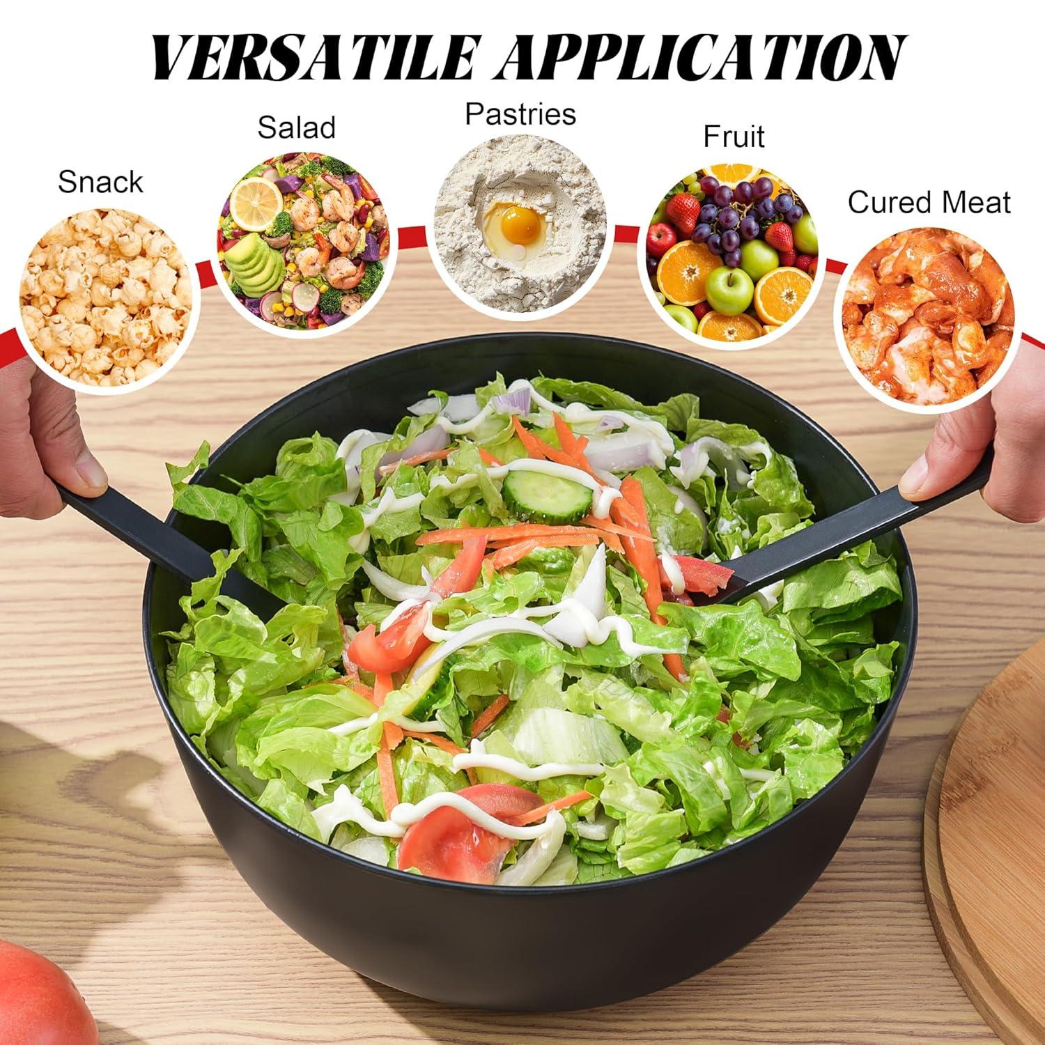 GEHE Bamboo Fiber Salad Bowl with Servers Set - Large 9.8 inches mixing bowls Solid Bamboo Salad Wooden Bowl with Bamboo Lid Spoon for Fruits,Salads and Decoration (Black, 9.8INCH)