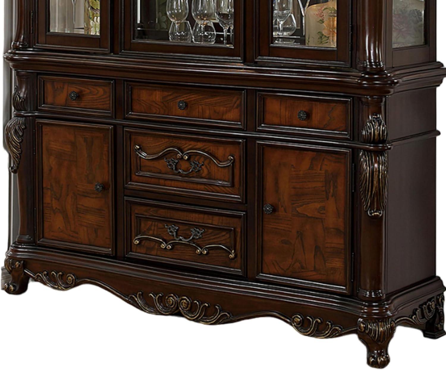 Benjara Zenie Buffet Cabinet and Hutch, Classic Carved, Cherry Brown Solid Wood
