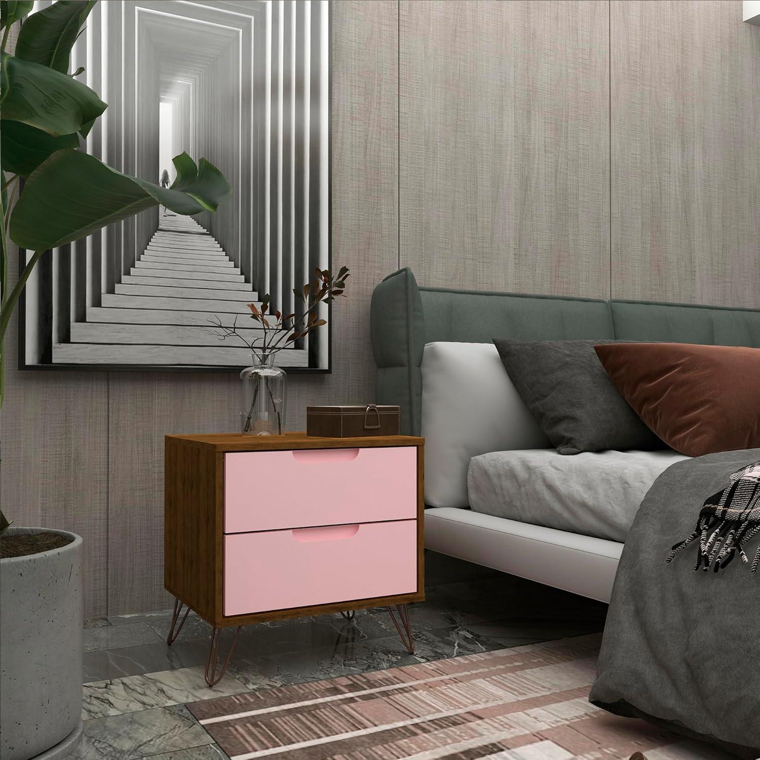 2.0 Rockefeller Nightstand Natural/Rose Pink - Manhattan Comfort: Modern MDF Bedside Storage with Metal Glides
