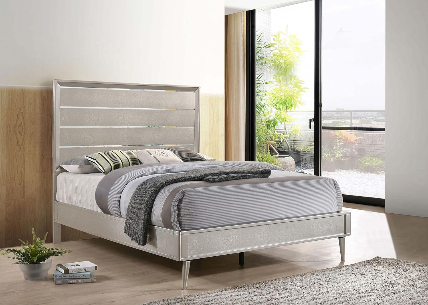 Coaster Ramon Contemporary Wood Queen Panel Bed Metallic Silver