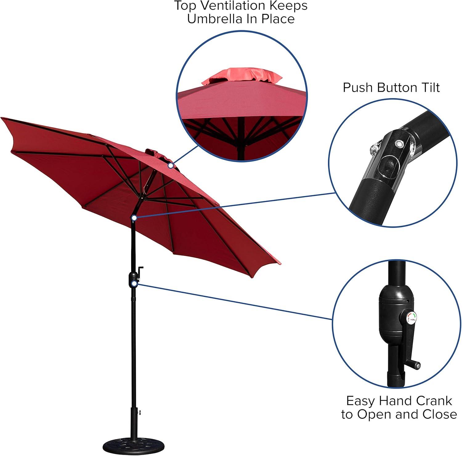 Flash Furniture Kona Red 9 FT Round Umbrella with Crank and Tilt Function and Standing Umbrella Base