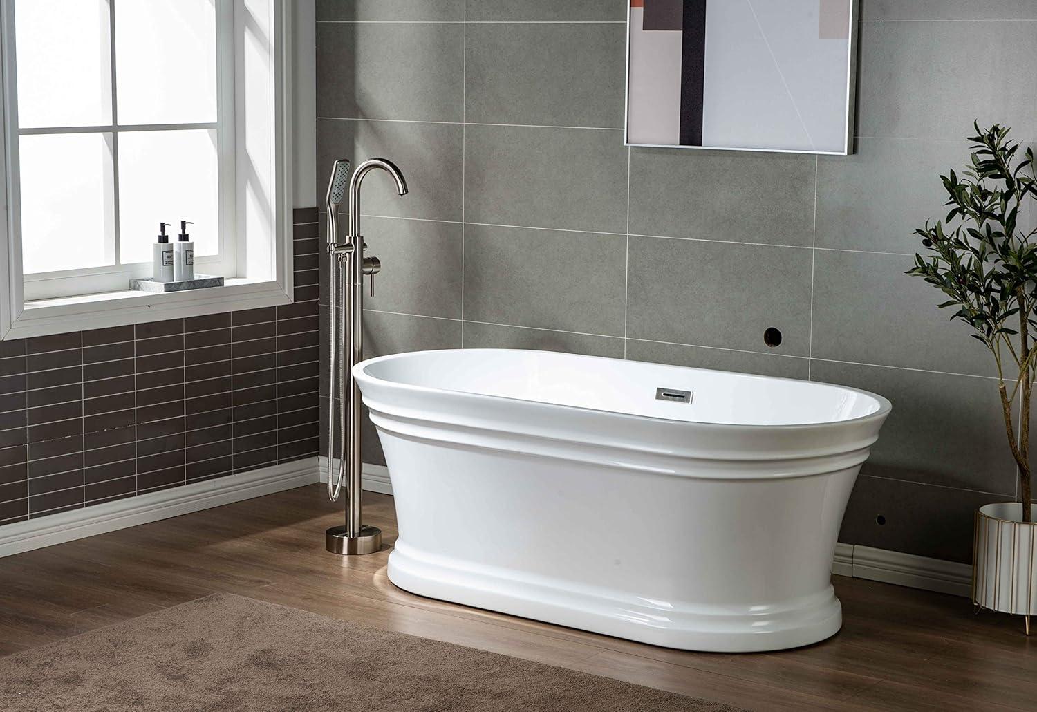 Woodbridge 59'' Freestanding White Acrylic Soaking Bathtub with Brushed Nickel Drain