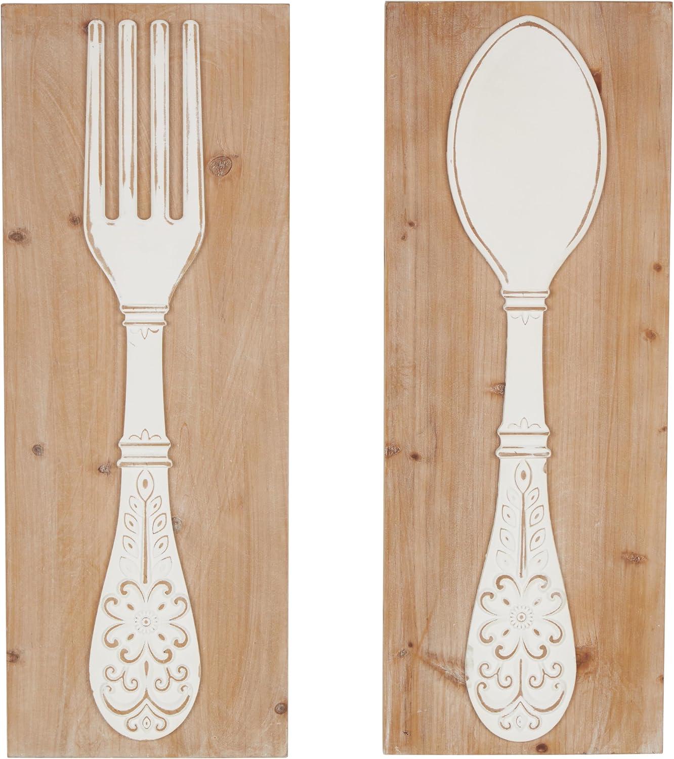 DecMode Brown Wooden Utensils Wall Decor with Carved White Floral Designs (2 Count)