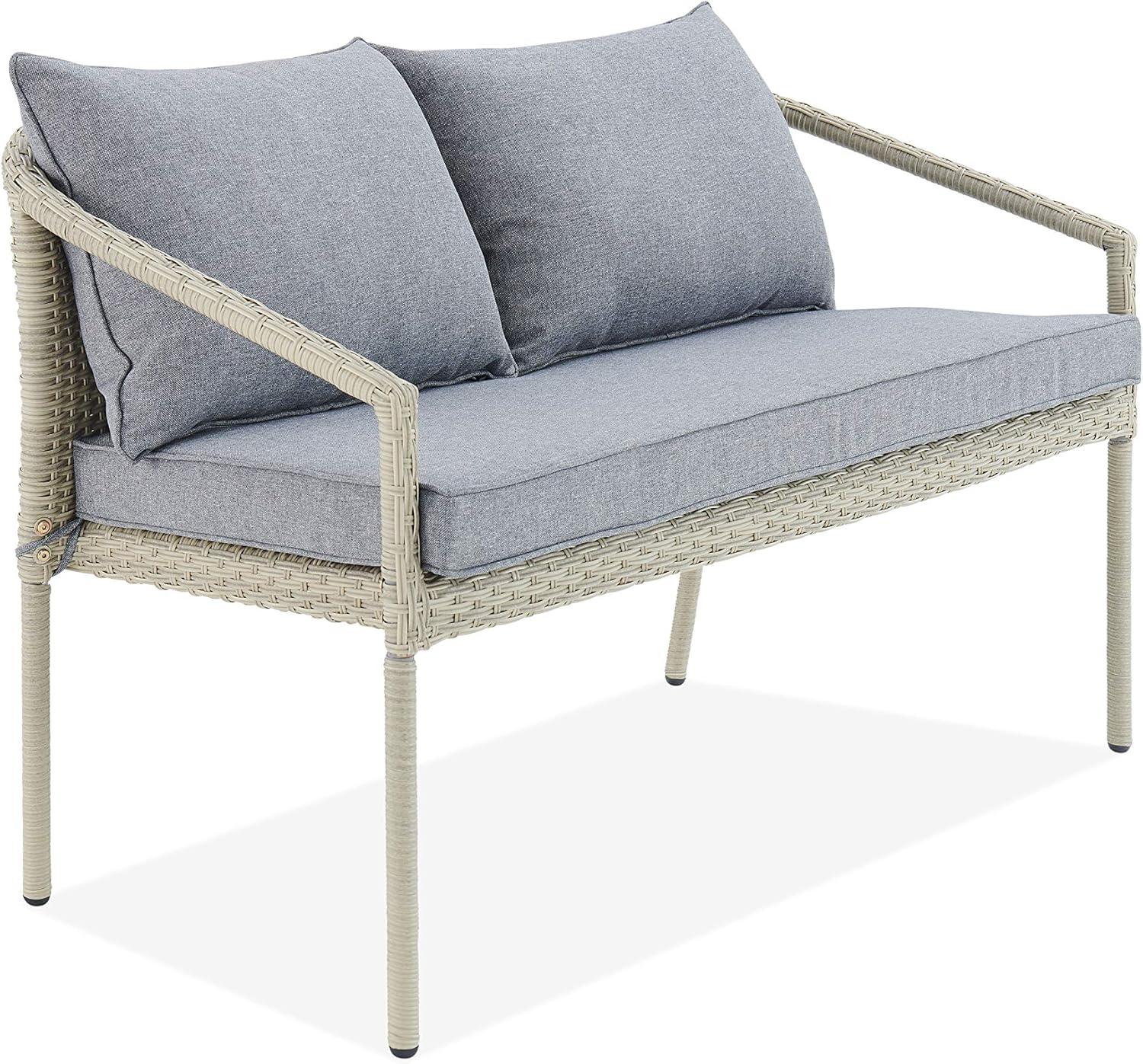 Windham Coastal All-Weather Wicker Two-Seat Outdoor Bench in Light Gray with Cushions