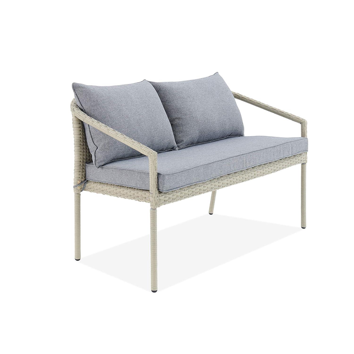 Windham All-Weather Wicker Two-Seat Outdoor Light Gray Bench with Dark Gray Cushions