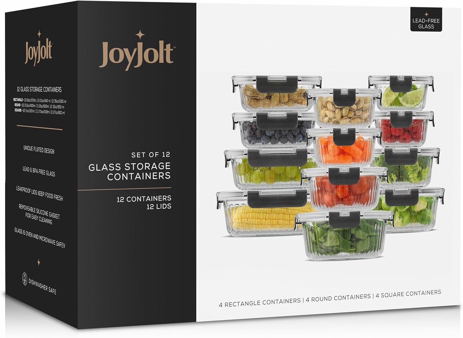 JoyJolt Fluted Glass Food Storage Containers with Leakproof Lids, Set of 12