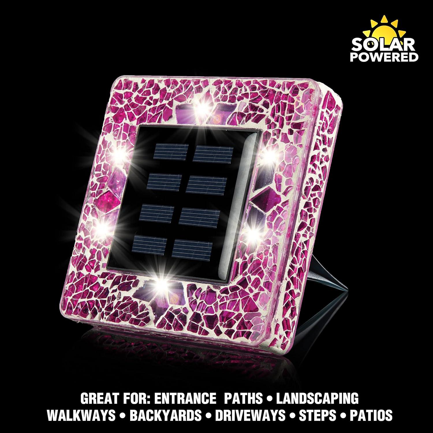 Radiant Pink Mosaic Glass Solar LED Pathway Lights, 4-Pack