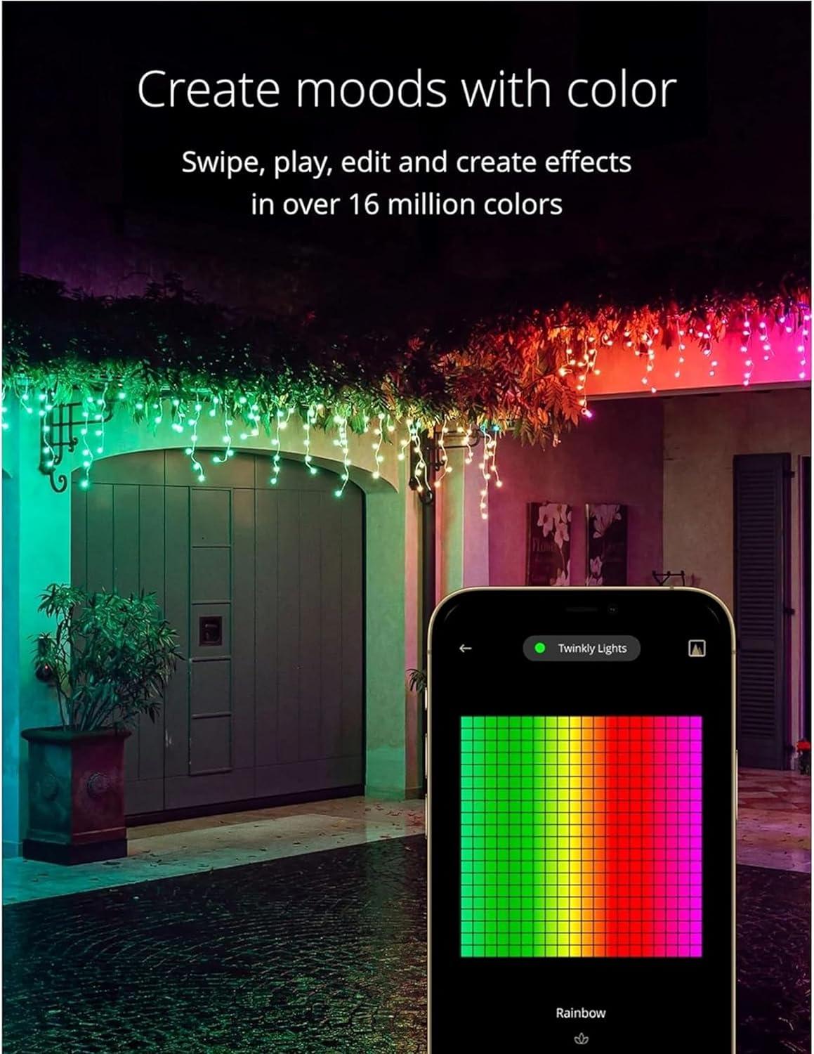 Twinkly Icicle App-Controlled LED Christmas Lights with 190 RGB (16 Million Colors) LEDs. Clear Wire. Indoor and Outdoor Smart Lighting Decoration