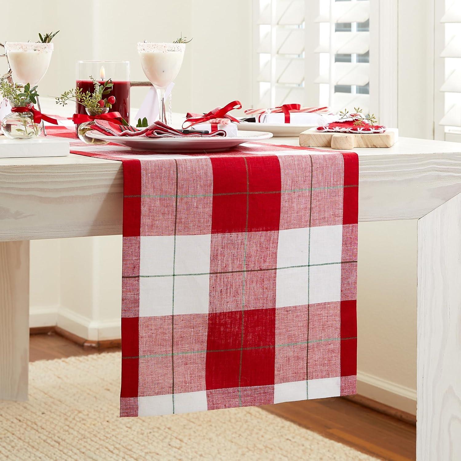 Solino Home Very Merry Plaid - 100% Pure Linen Christmas Table Runner