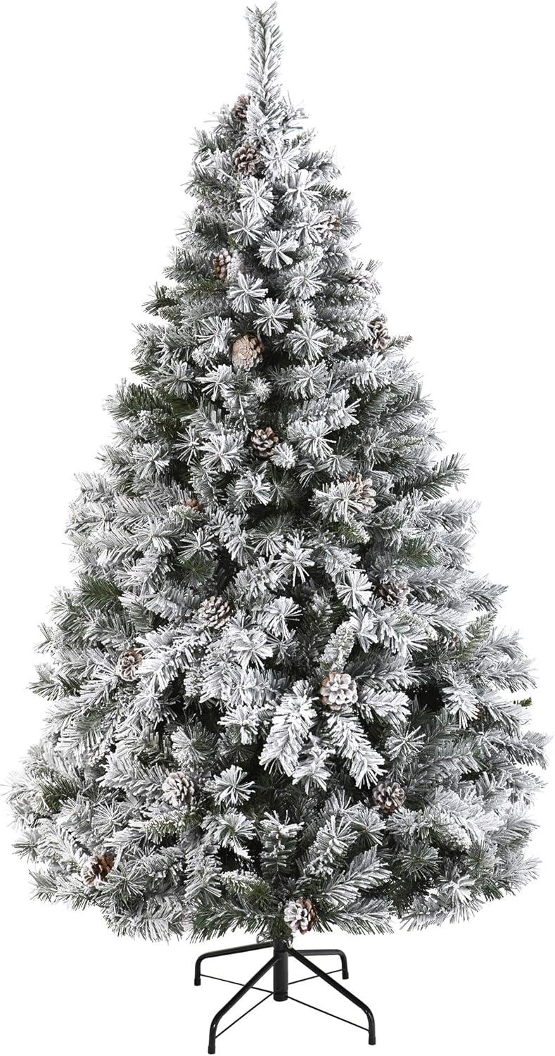 Nearly Natural 6' Flocked White River Mountain Pine Artificial Christmas Tree with Pinecones