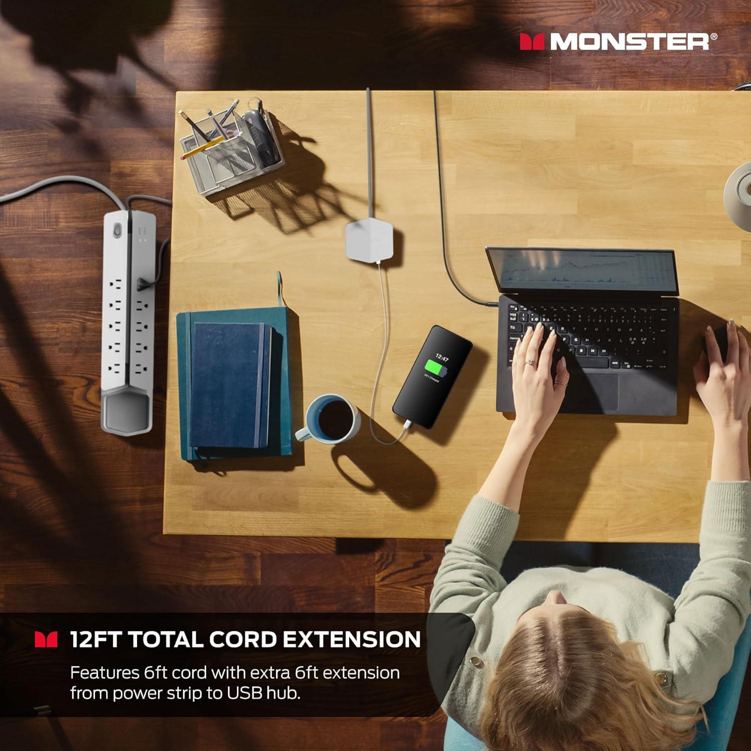 Monster Power Center Vertex XL Surge Protector with 10 AC Outlets, 3-Port USB Hub, & 6 ft Cord (White)