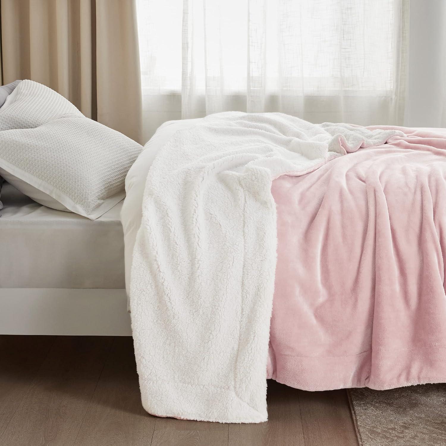 Queen Pink Reversible Sherpa Fleece Throw Blanket