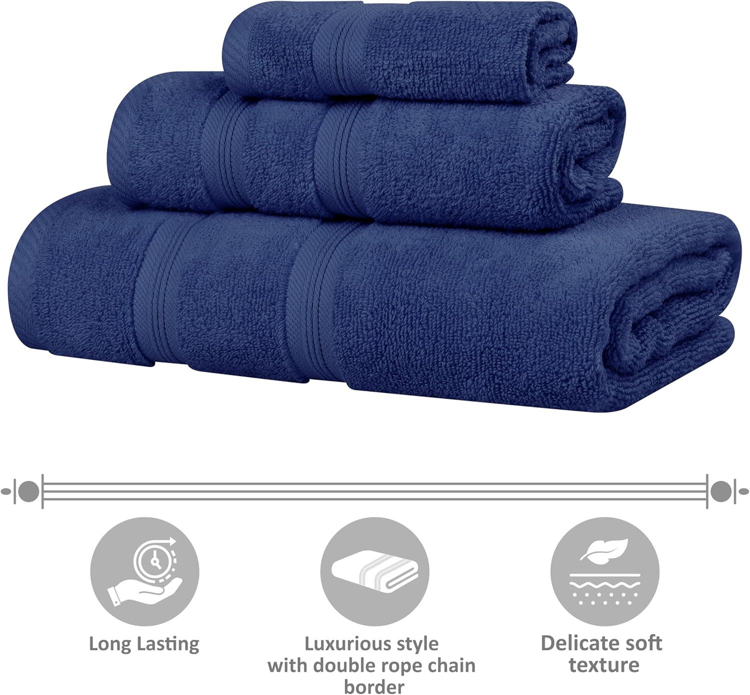Superior Smart Dry 3-Piece Zero Twist Cotton Towel Set, Navy Blue