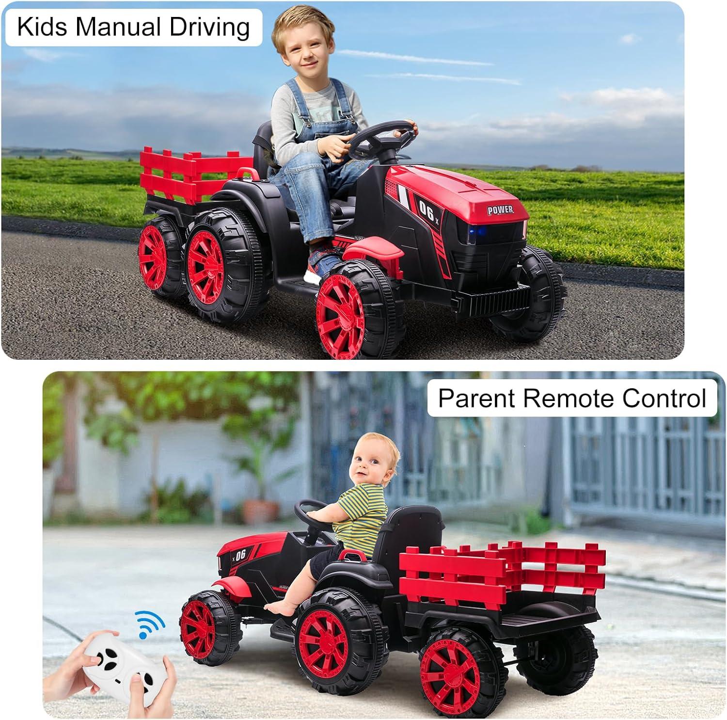 12V Kids Ride On Tractor with Trailer Battery Powered Electric Vehicles Toy