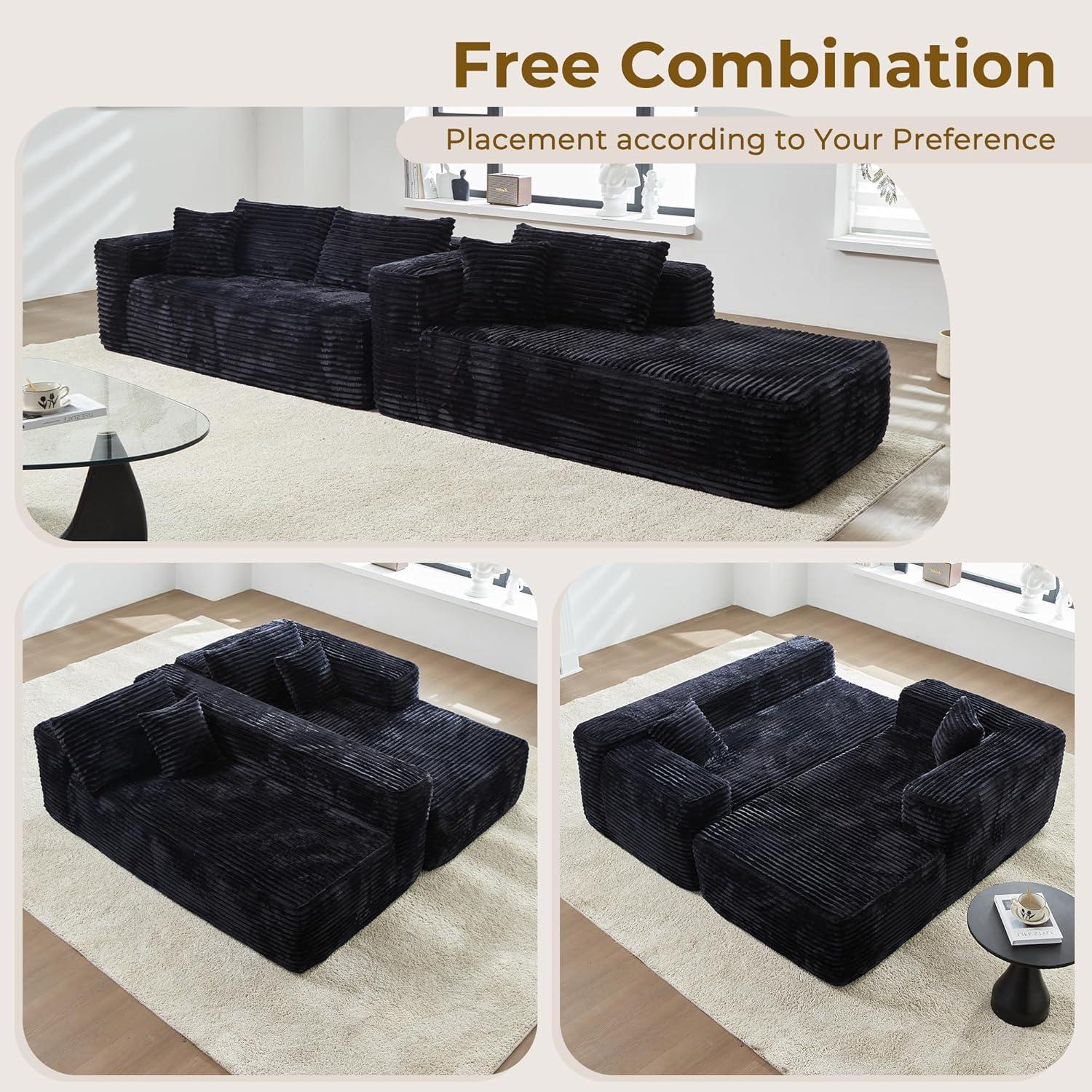 104" L-Shape Modular Sectional Sofa Couch - Comfy Upholstered Cloud Couches for Living Room - Modern Minimalist Couch,Deep Seat,No Assembly Required (Black,Plush Corduroy, Right Facing Chaise)