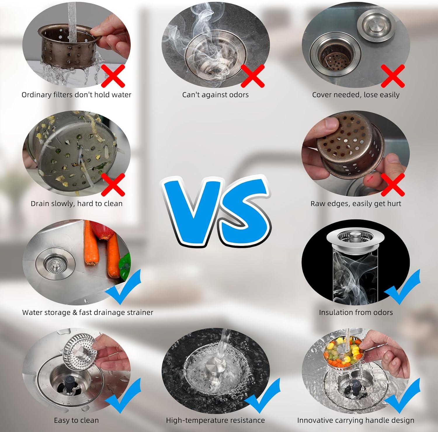 Hibbent 3-in-1 Kitchen Sink Drain Strainer  Stopper , Stainless Steel Pop-Up Design, Anti-Clogging Metal Basket with Handle, Compatible with US Standard 3-1/2" Drain