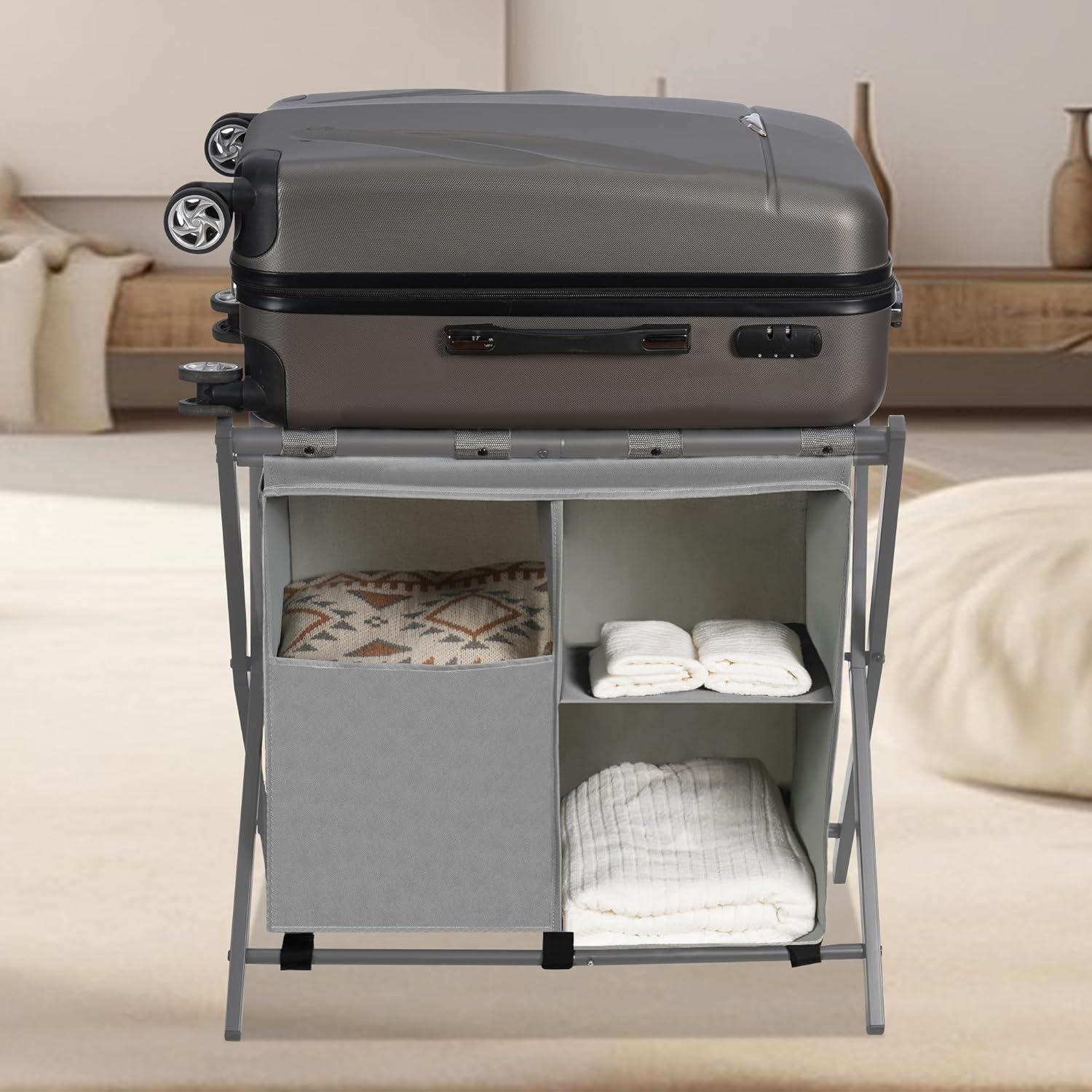 Gray Steel Folding Luggage Rack with Laundry Bag