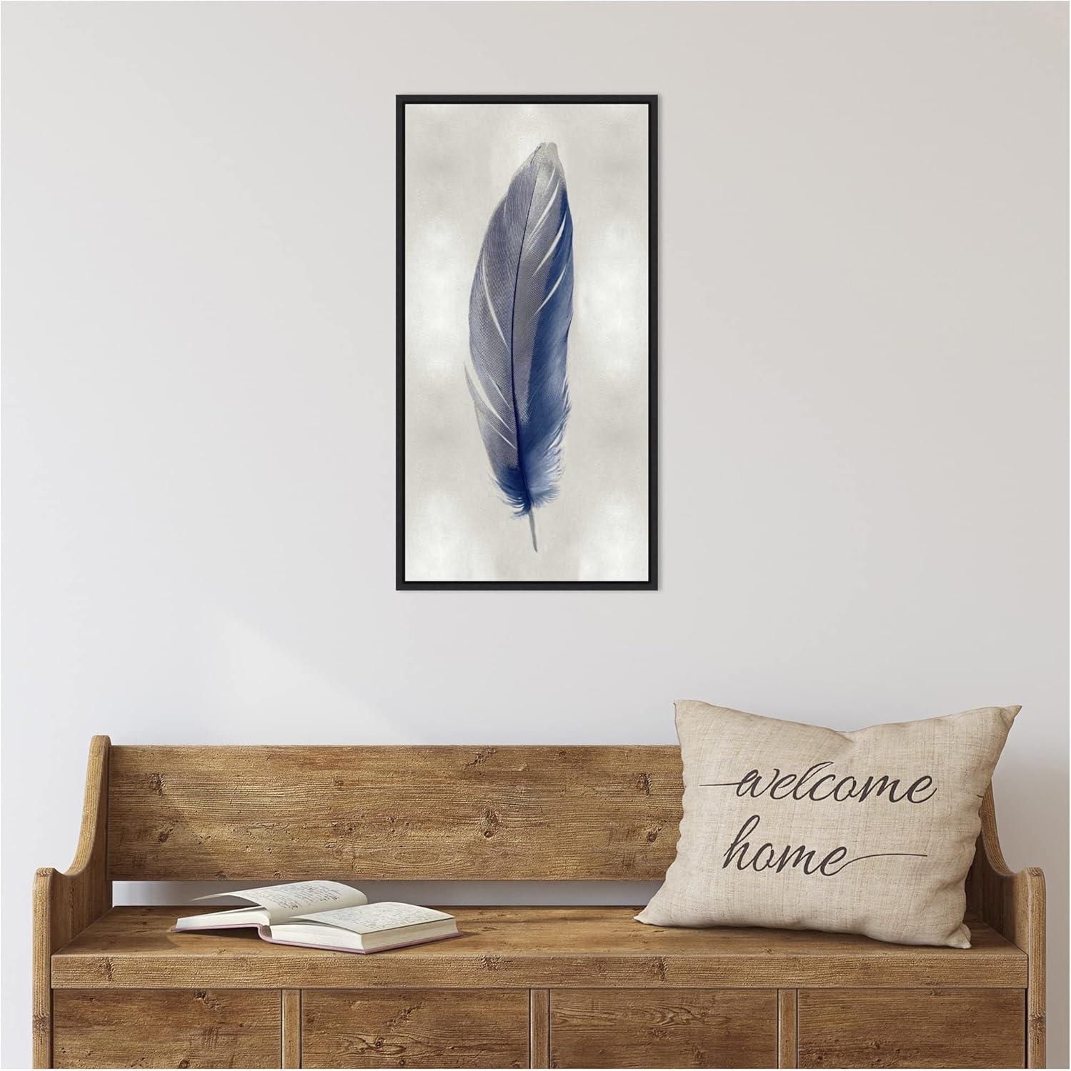 Amanti Art Blue Feather on Silver II by Julia Bosco Canvas Wall Art Print Framed 14-in. x 27-in. in Sylvie Black