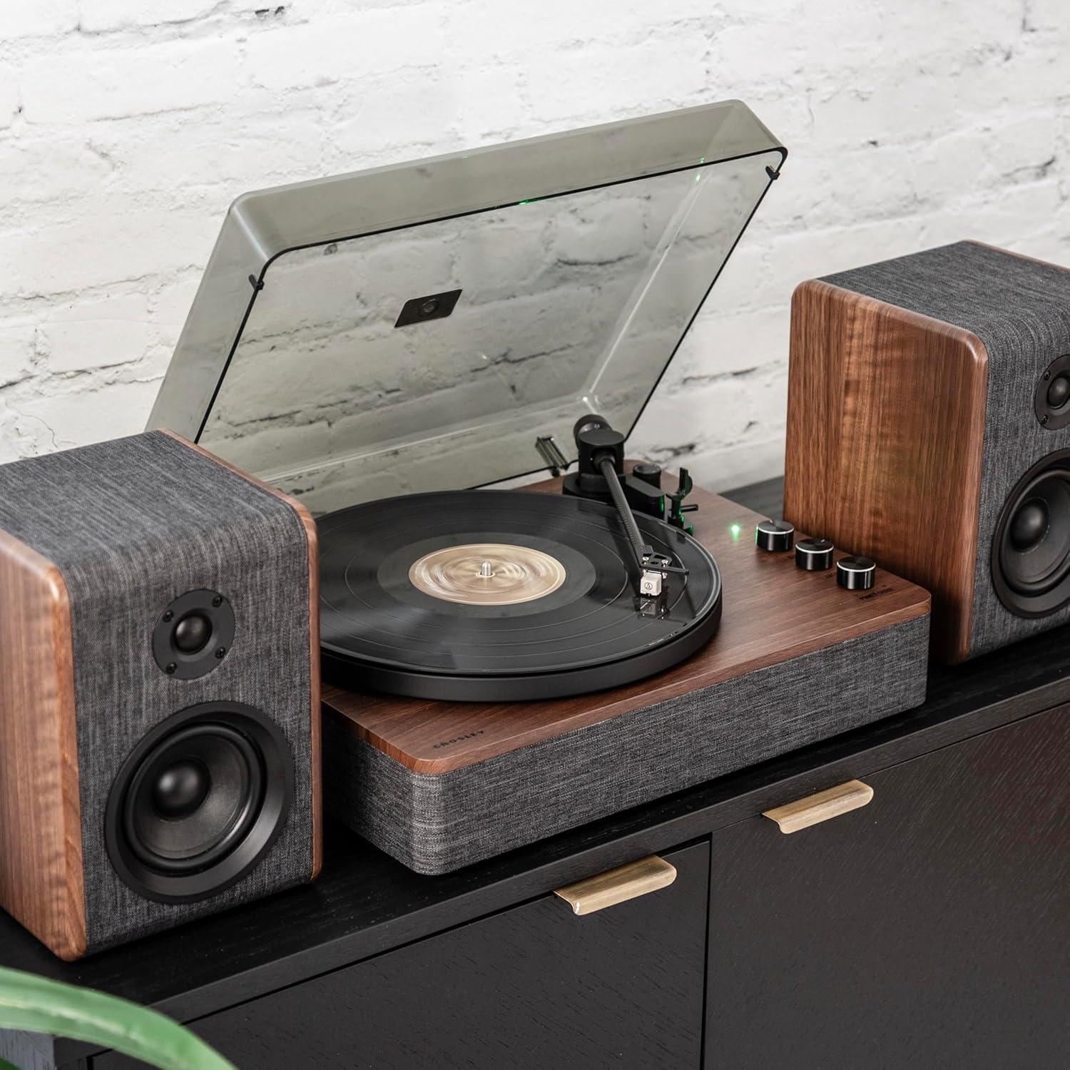 Charcoal and Brown Bluetooth Record Player with Speakers