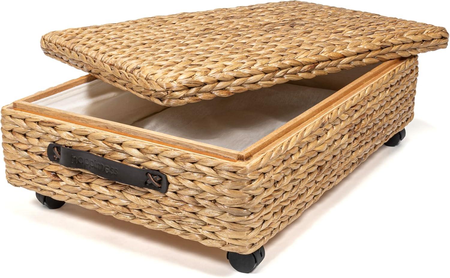 happimess Chett 26.38" Minimalist Hand-Woven Hyacinth/Wood Underbed Storage Bin with Wheels and Handles