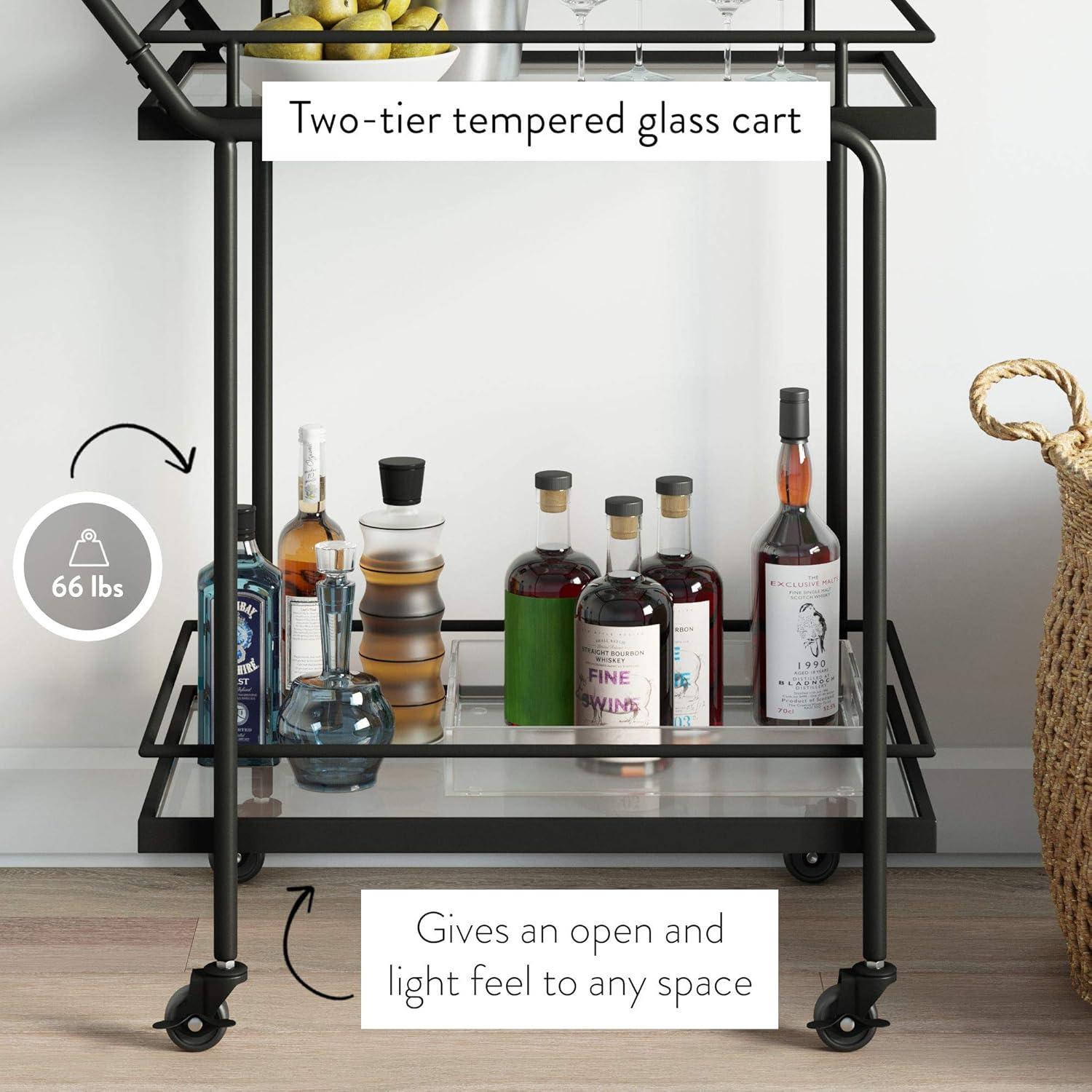 Sally Sleek 2-Tiered Black Metal and Glass Rolling Bar Cart