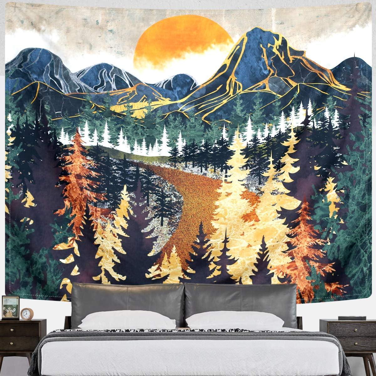 Mountain Tapestry Wall Hanging Forest Trees Art Tapestry Sunset Tapestry Road in Nature Landscape Home Decor for Room (51.2 x 59.1 inches)