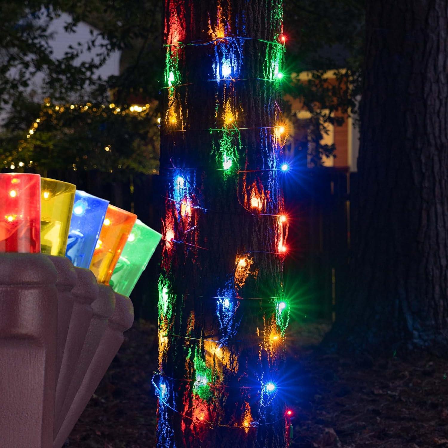 StretchNet Pro Expandable Christmas Net Lights, Tree Wrap Lights - Trunk Wrap Lights, Column Christmas Lights - Column Wrap Lights (50 Lights, 20" x 45" Net, Multicolor Trunk Wrap Lights, Brown Wire)