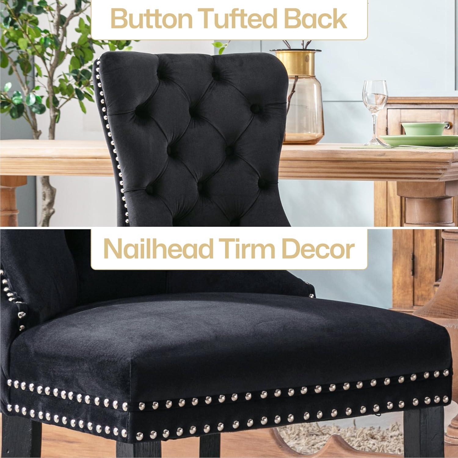 Westice Dining Chairs Set of 2, Button Tufted Velvet Chairs for Kitchen, Mid-Century Armless Chairs with Rivet Trim Metal Pull Ring Large Back Acrylic Legs for Room Dining, Black