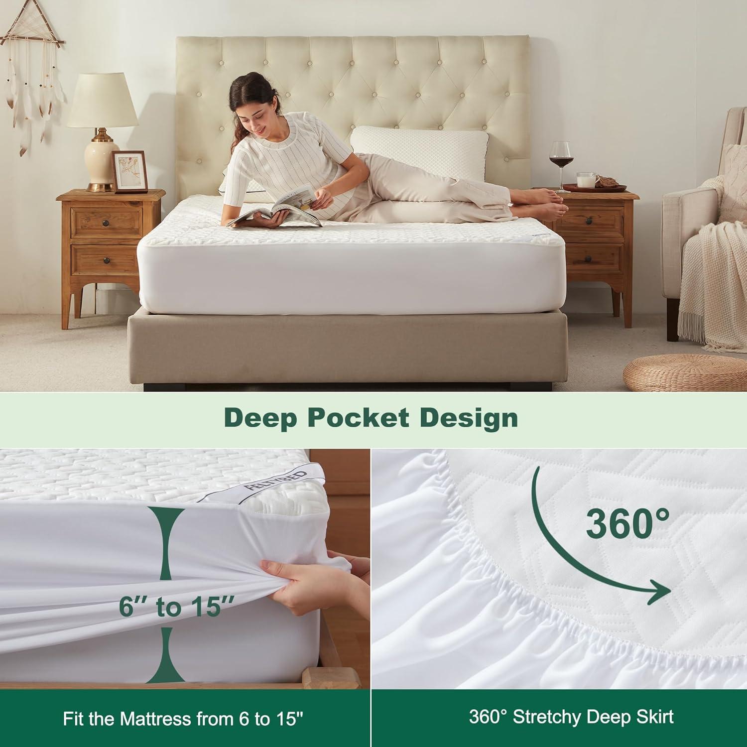 Queen Size Waterproof Mattress Protector, 40% Rayon From Bamboo Cooling Mattress Pad Cover, 3D Air Fabric Breathable Mattress Pad Fitted With Deep Pocket 6"- 15" Machine Washable