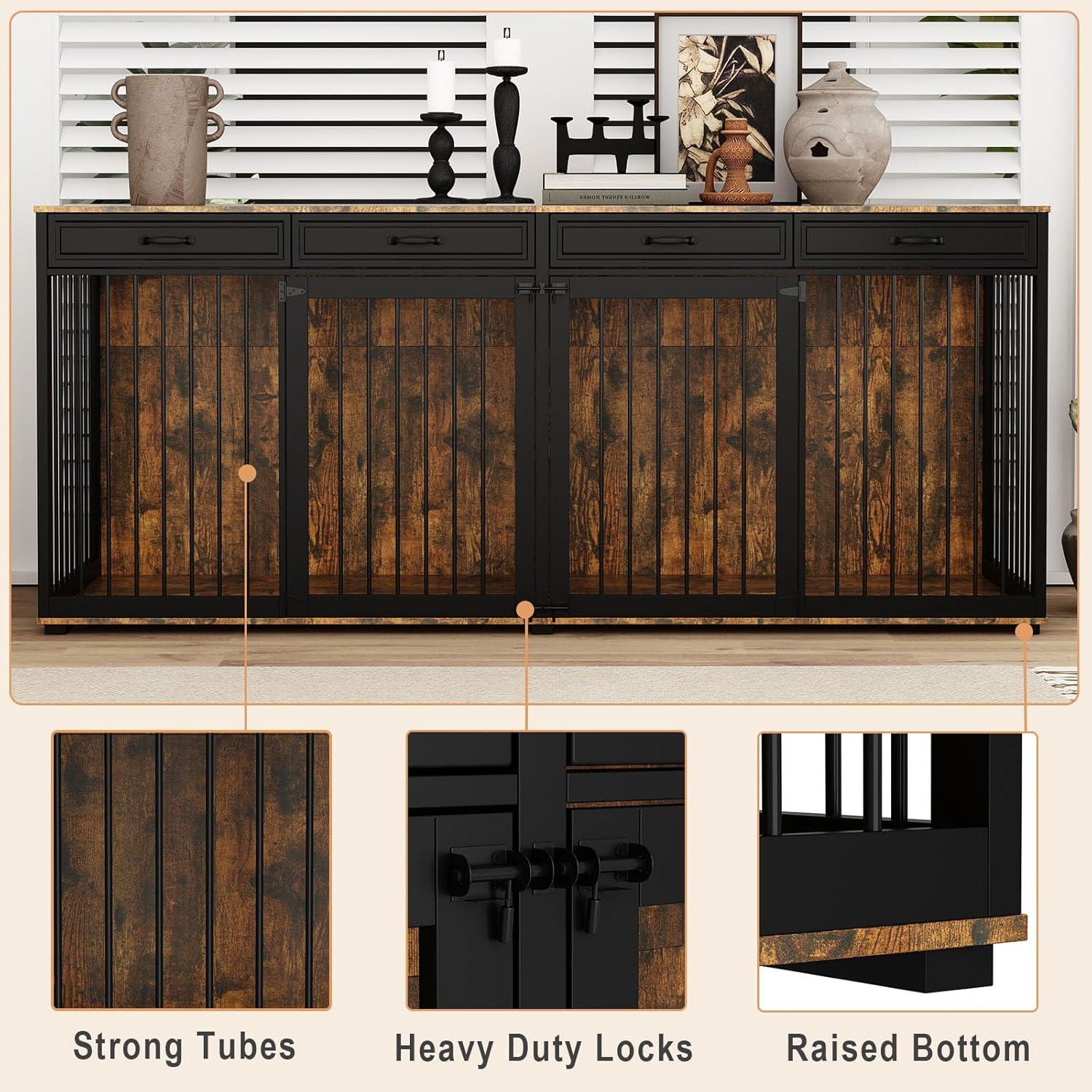 Famapy Spacious Large Double Dog Cage Furniture with Multiple Drawers Black