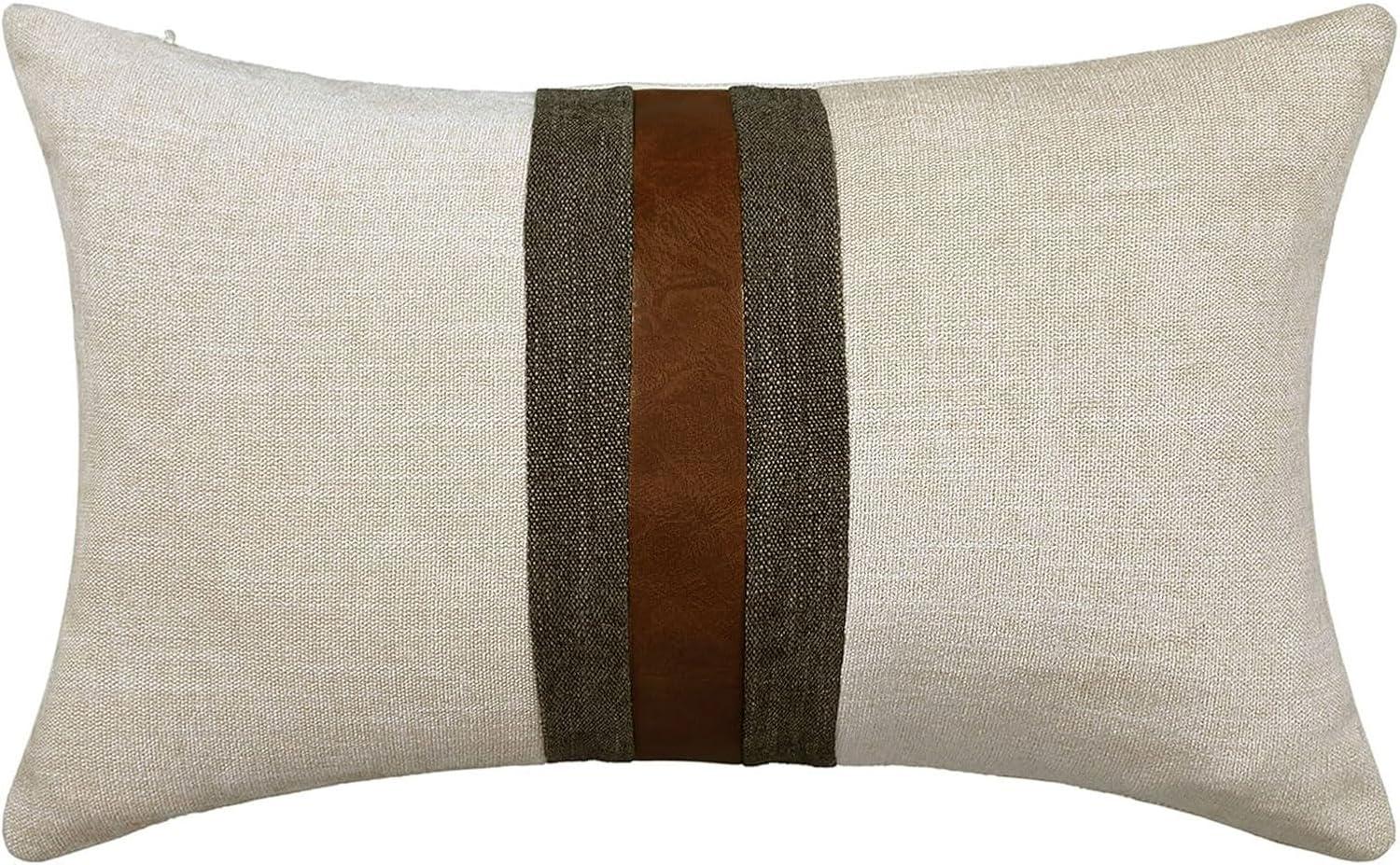 Beige and Brown Faux Leather Patchwork Pillow Covers, 12x20 Inch