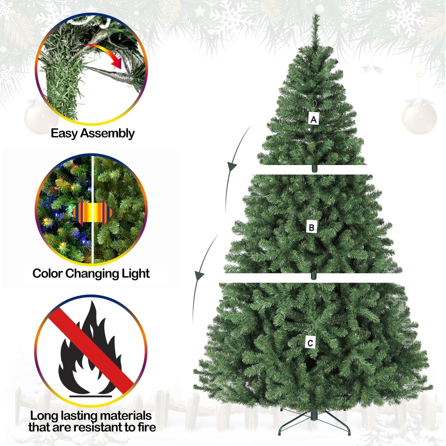 6ft Prelit Christmas Tree, Artificial Chrismas Tree with 300 Multicolor LED Lights, Easy Assembly with Metal Stand and Hinged Branches, 551 PVC Branch Tips, 10 Color Modes