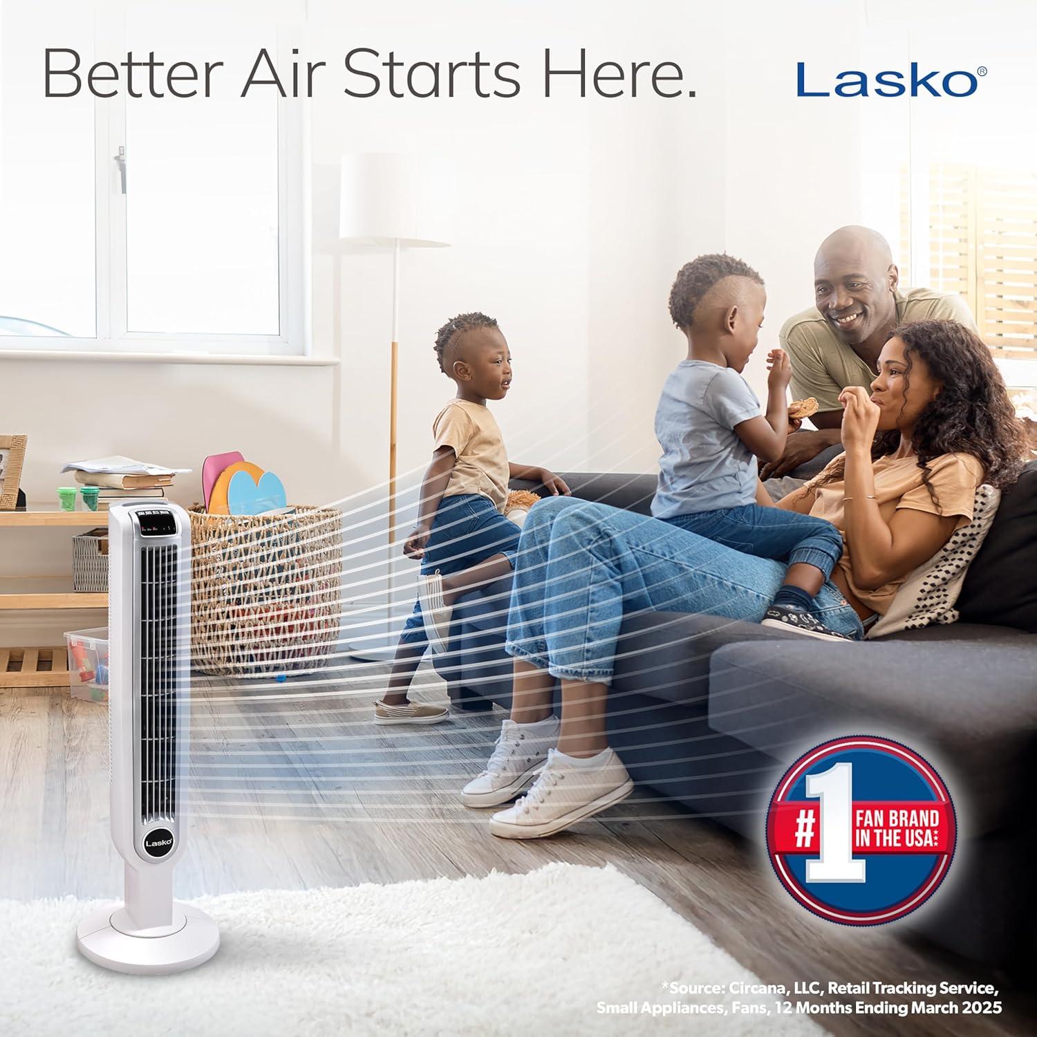 Lasko 3-Speed Remote Controlled Oscillating Tower Fan, White, 2510