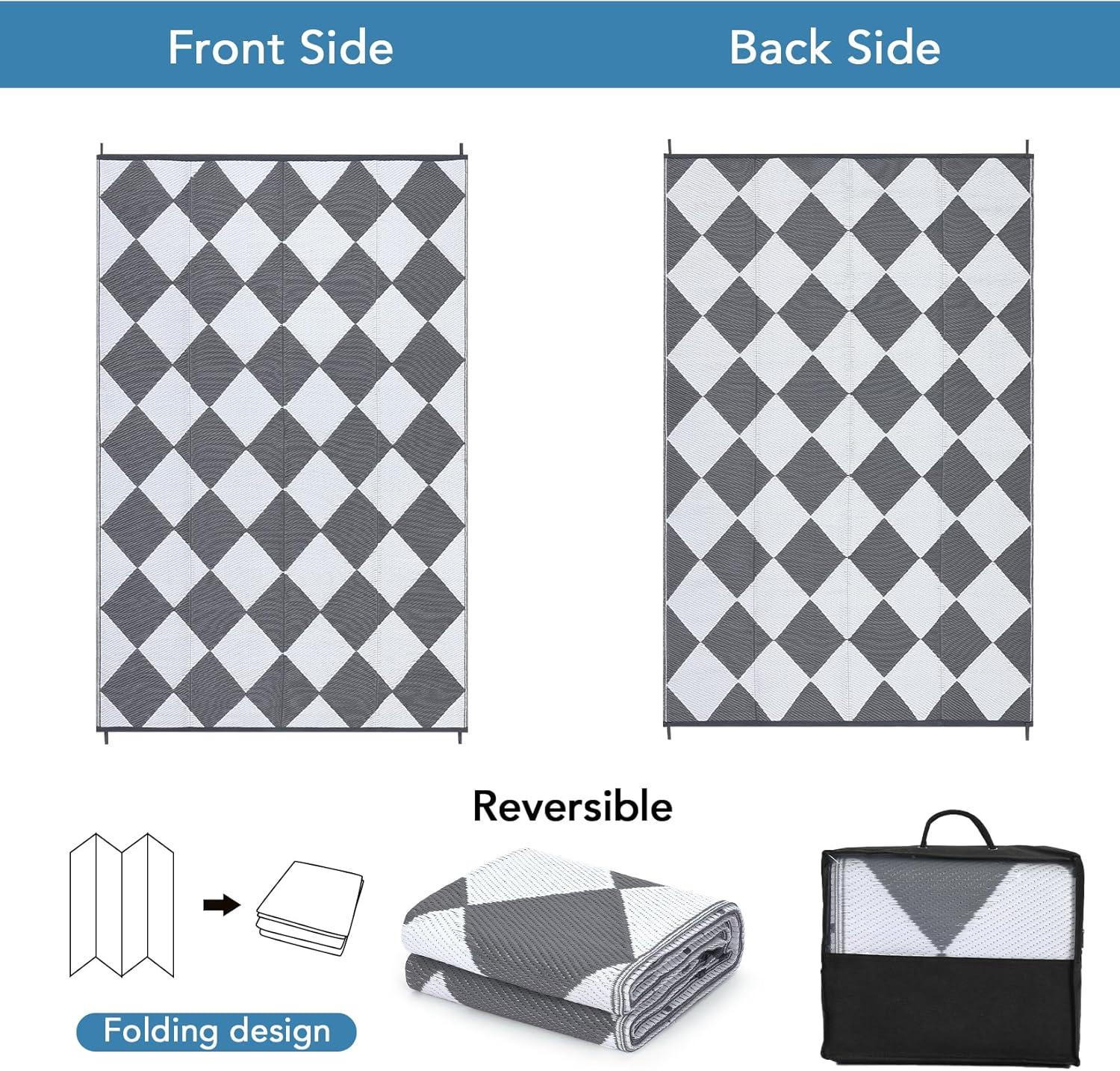 Garvee Waterproof Outdoor Rug 9'x12' Reversible Plastic Patio Rugs, Portable Modern Abstract Indoor Outdoor Carpet for Camping, Balcony, Deck, Backyard, Black & White, with Storage Bag