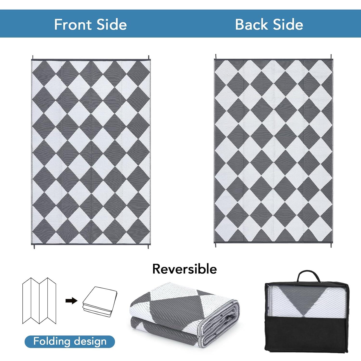 Garvee Waterproof Outdoor Rug 9'x12' Reversible Plastic Patio Rugs, Portable Modern Abstract Indoor Outdoor Carpet for Camping, Balcony, Deck, Backyard, Black & White, with Storage Bag