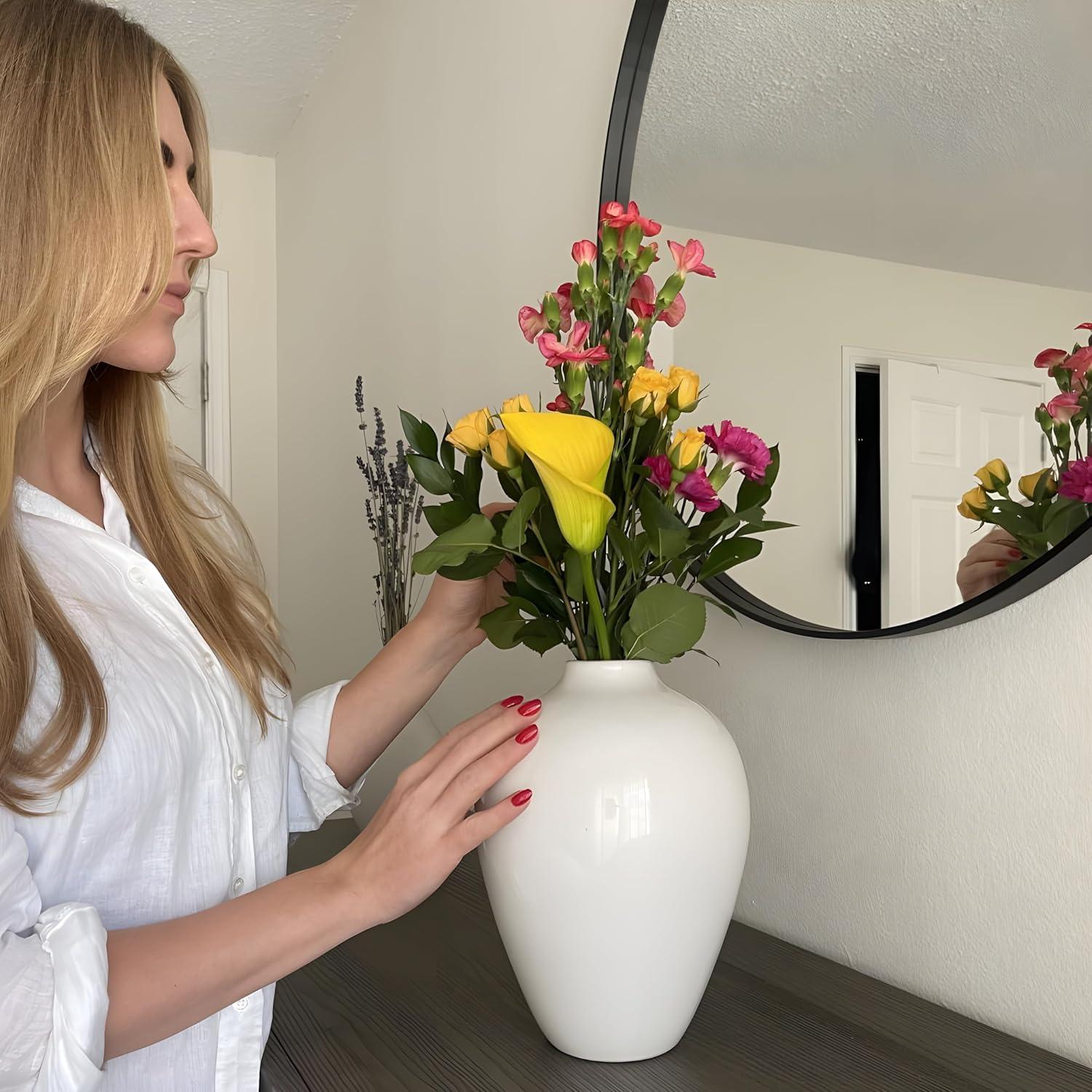 Willowy 10 Inch Elegant Glossy Porcelain Vase - White Ceramic Vase, Large Ceramic for Vases Home Decor, Tall White Decorative Vases for Pampas Grass