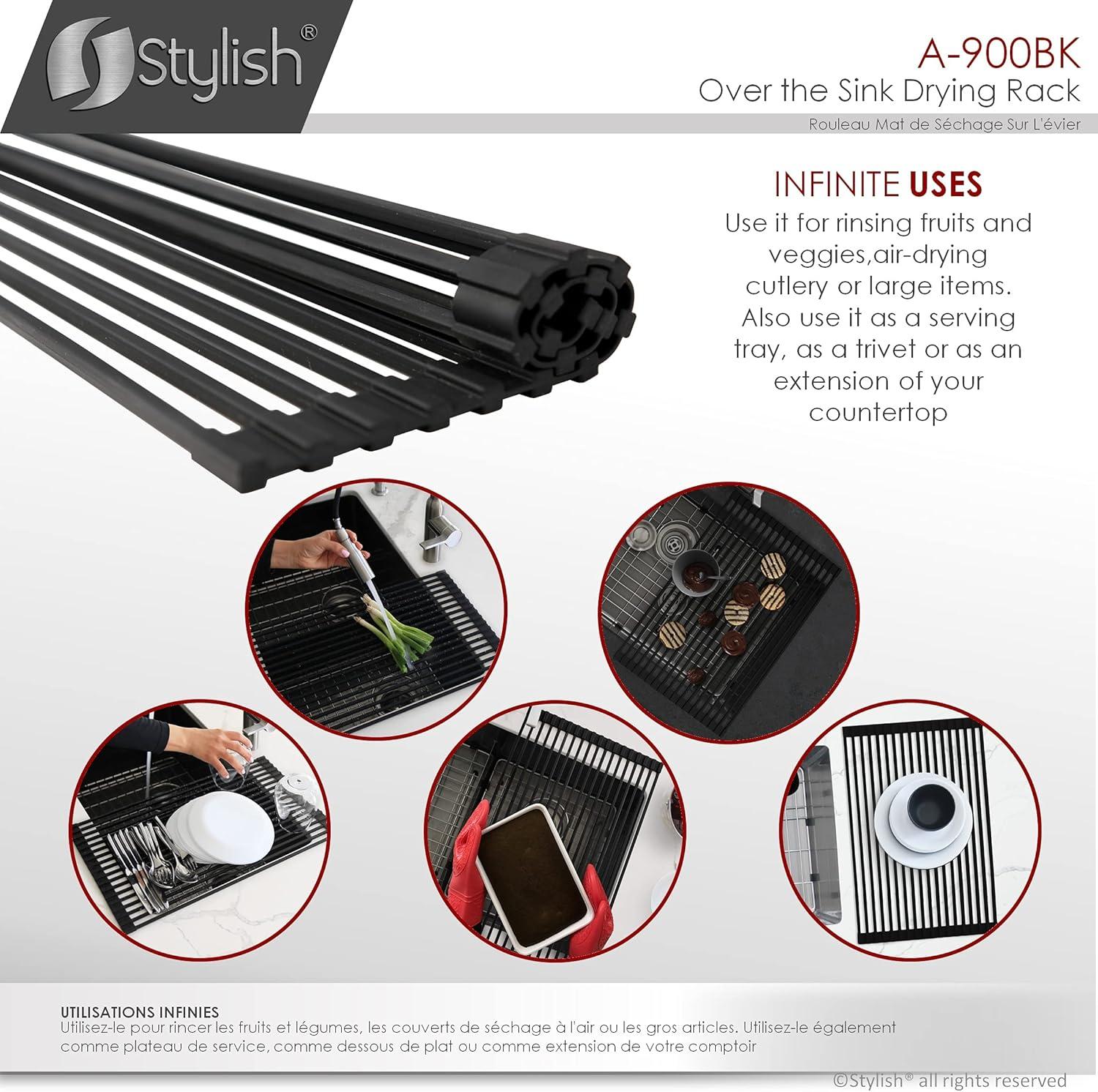 STYLISH Over The Sink Roll Up Dish Drying Rack Heat Resistant Trivet for Drying Dishes and Rinsing Vegetables Dark Grey A-900DG