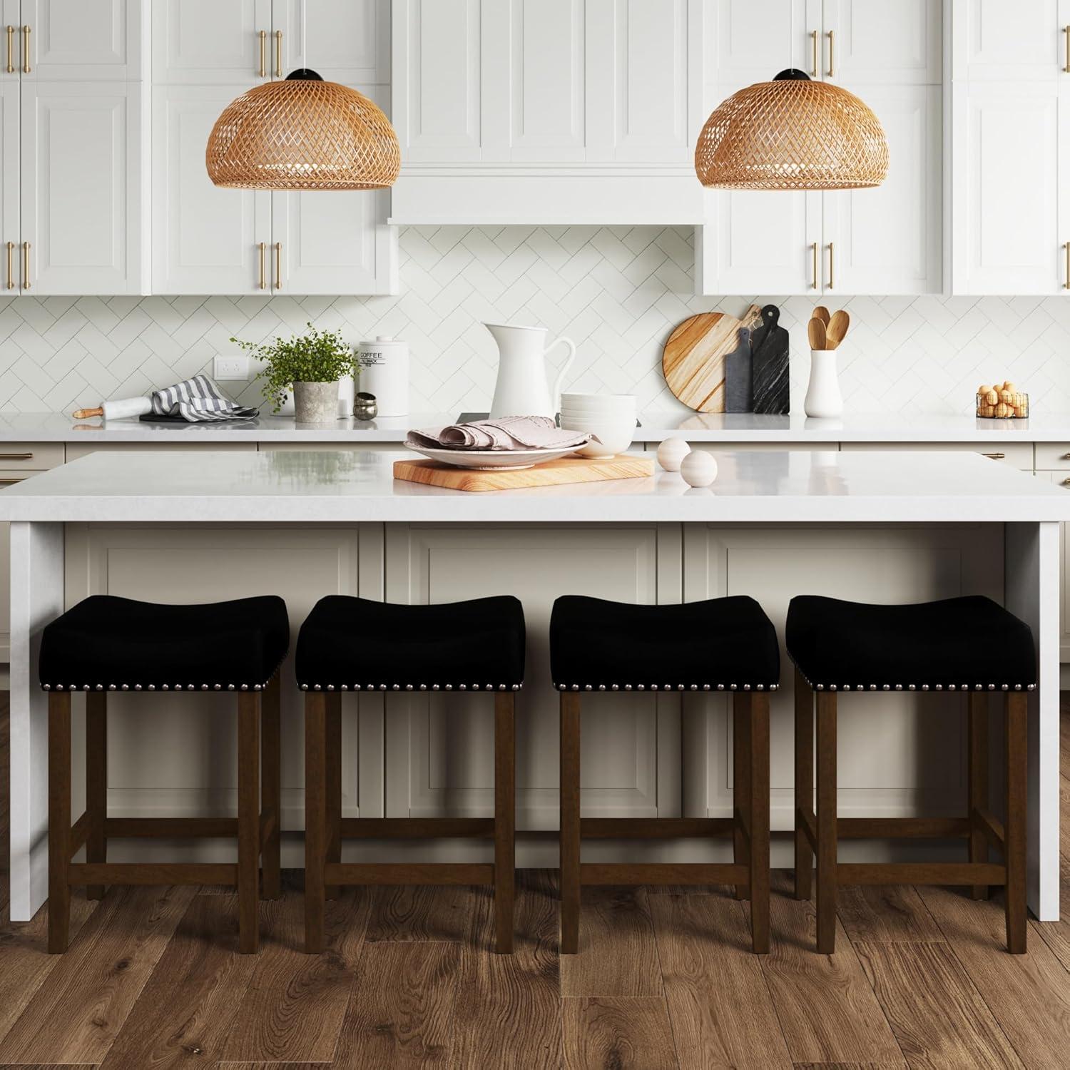 23" Saddle Style Backless Counter Stool with Black Fabric and Dark Brown Wood