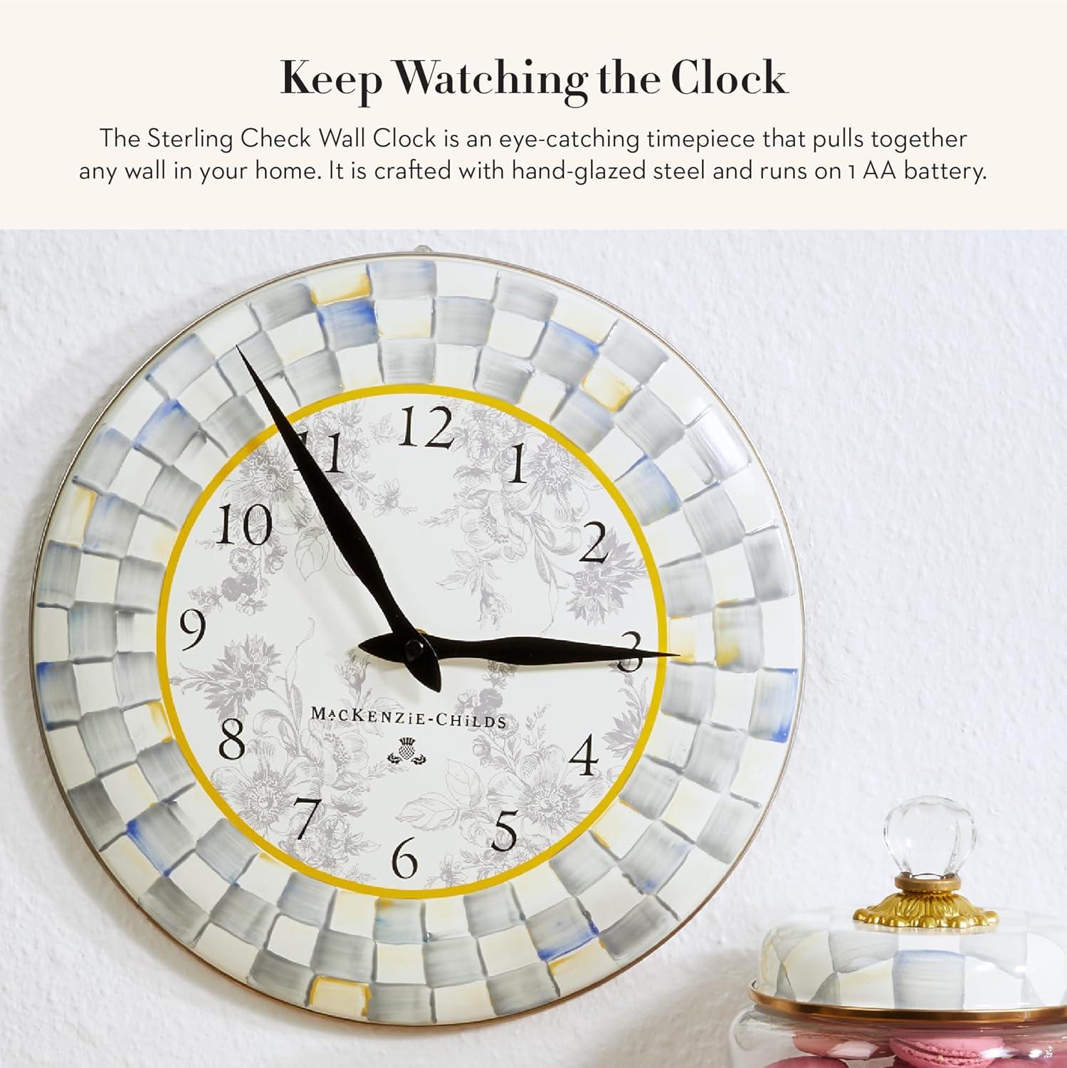 Gray and White Enamel Round Wall Clock with Hand-Painted Checks